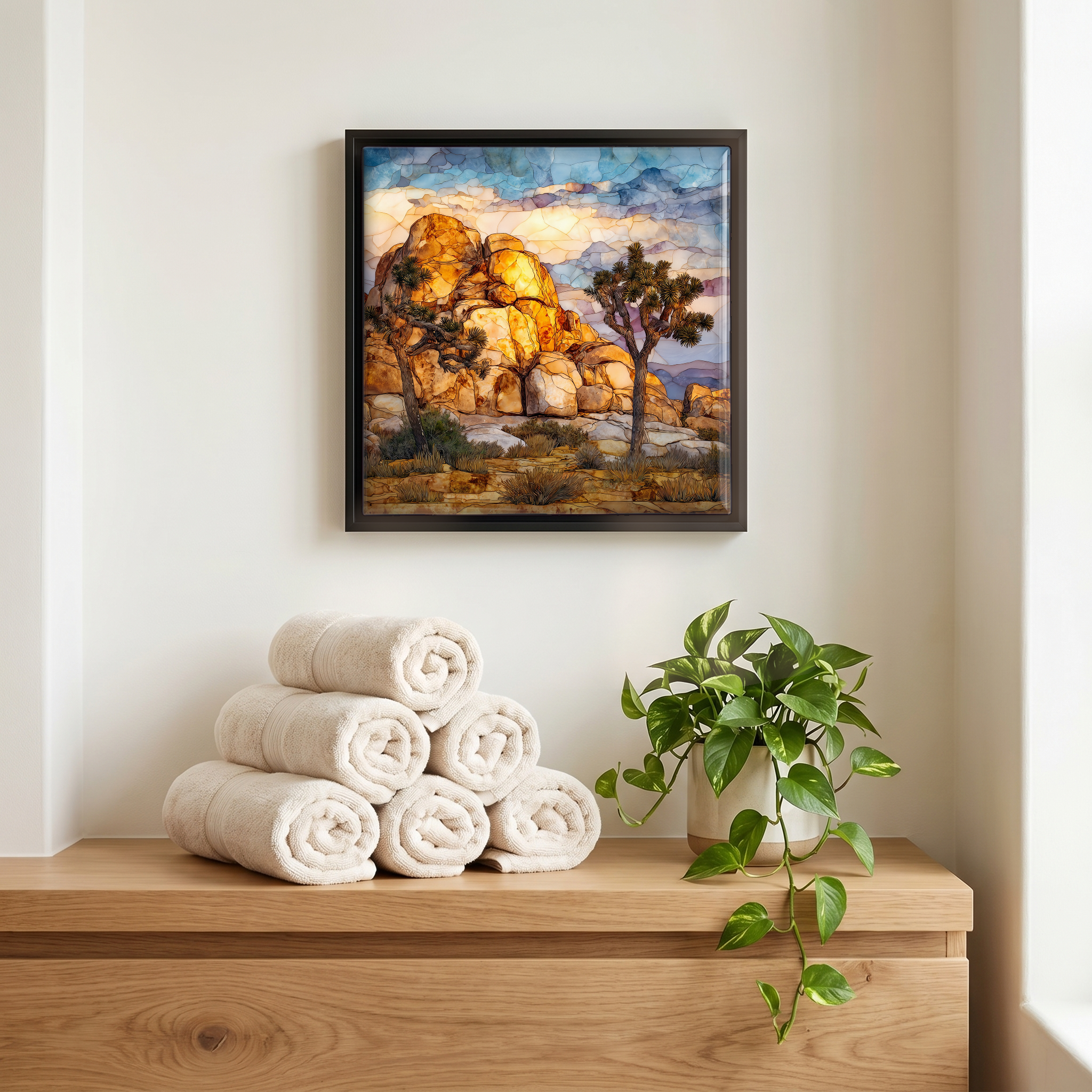 Above the linens, in a slim black surround.