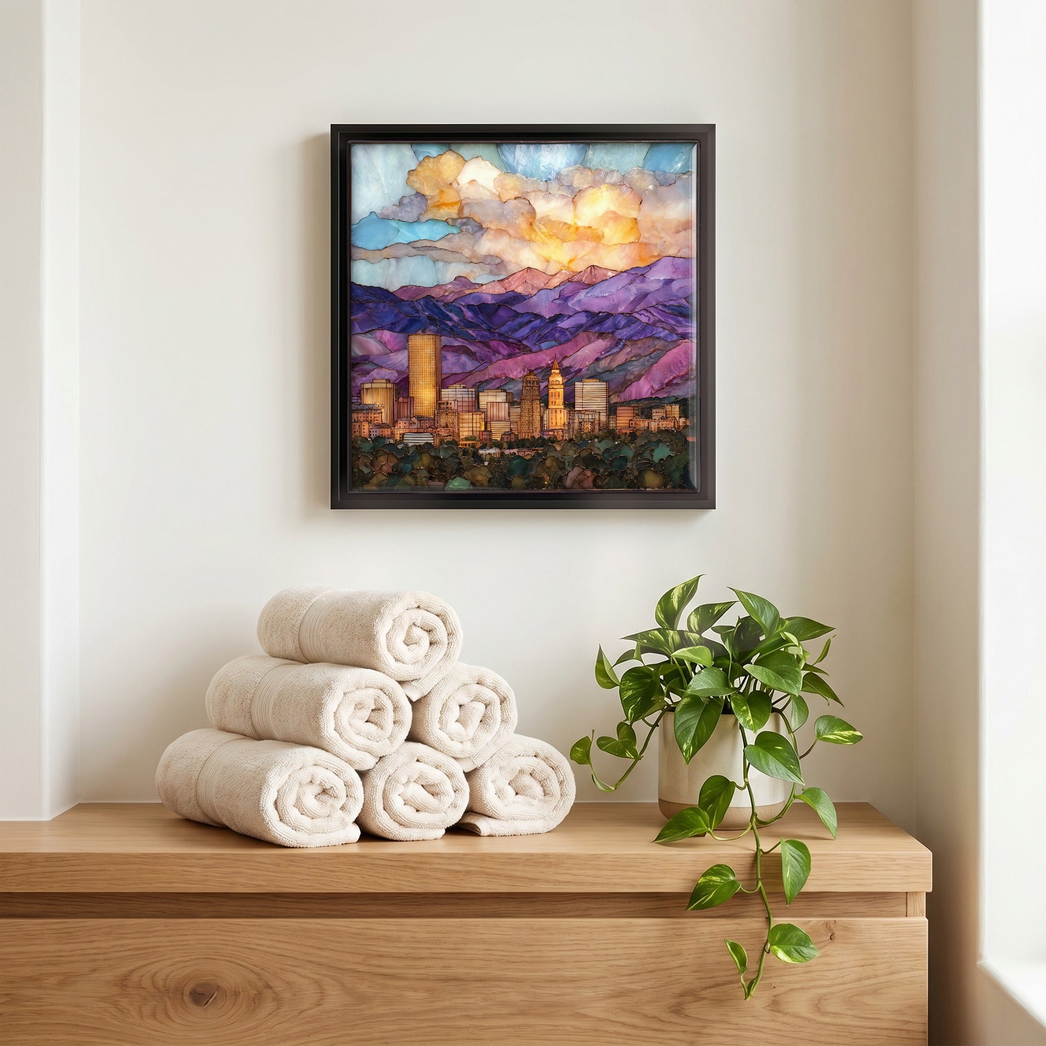 Above the linens, in a slim black surround.