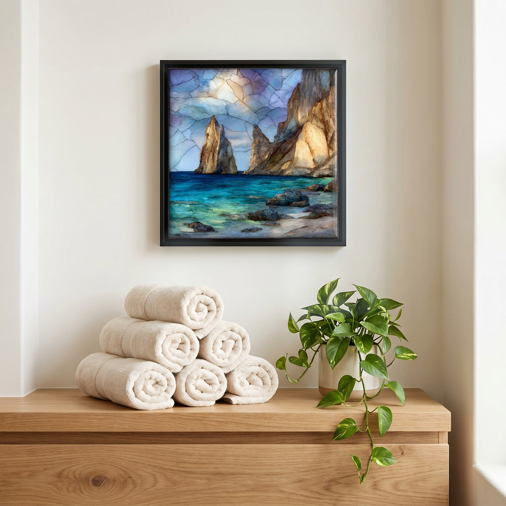 Above the linens, in a slim black surround.
