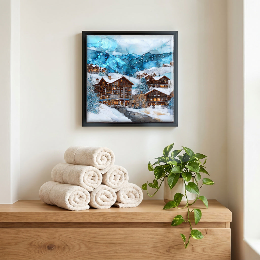 Above the linens, in a slim black surround.