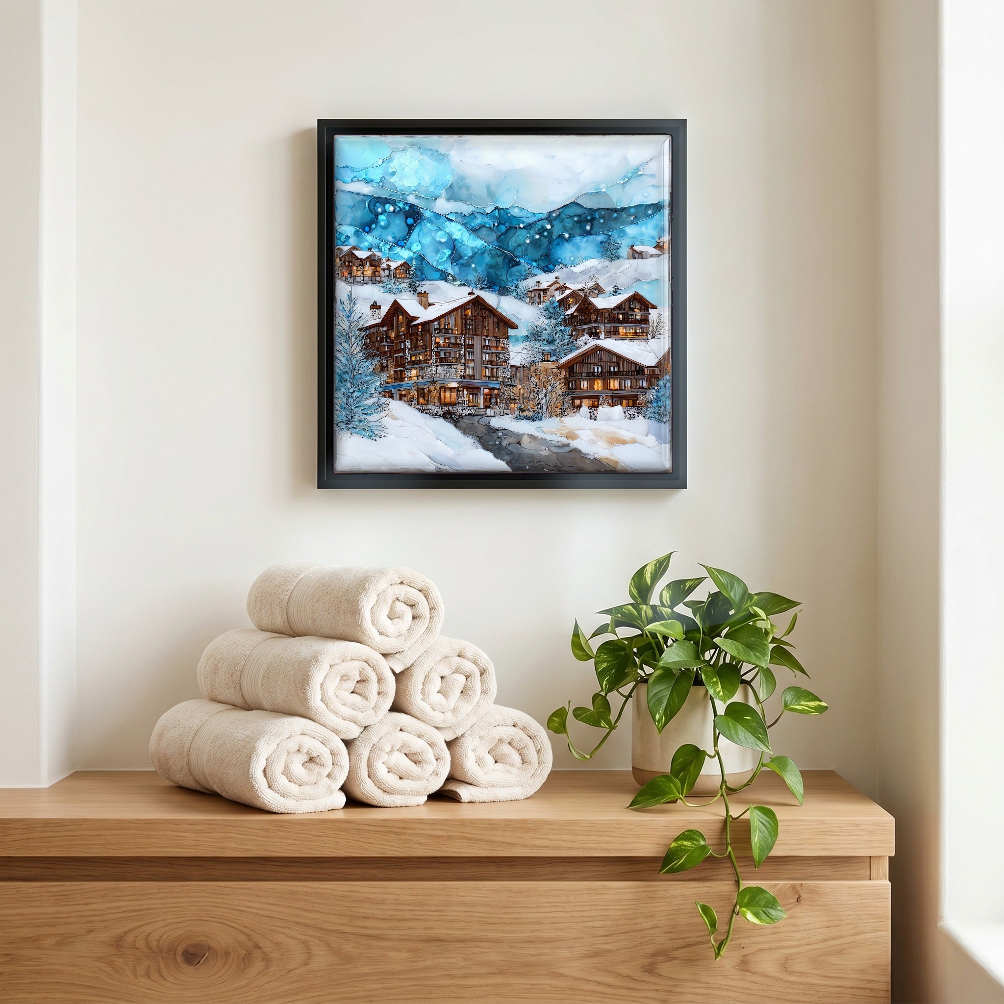 Above the linens, in a slim black surround.