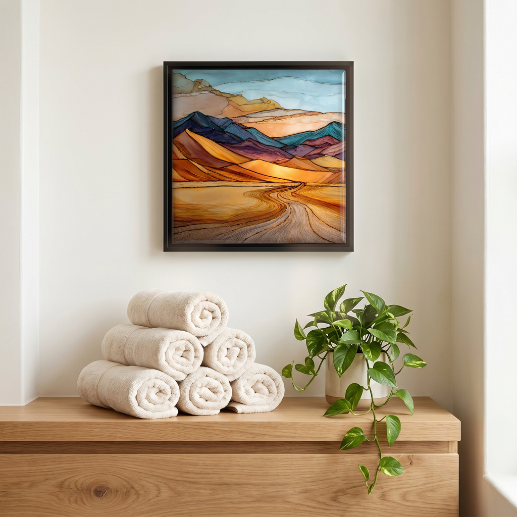 Above the linens, in a slim black surround.
