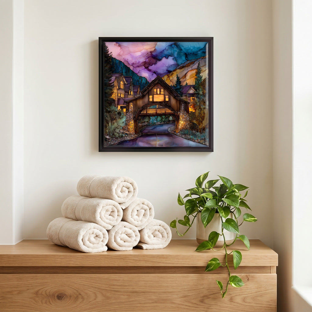 Above the linens, in a slim black surround.