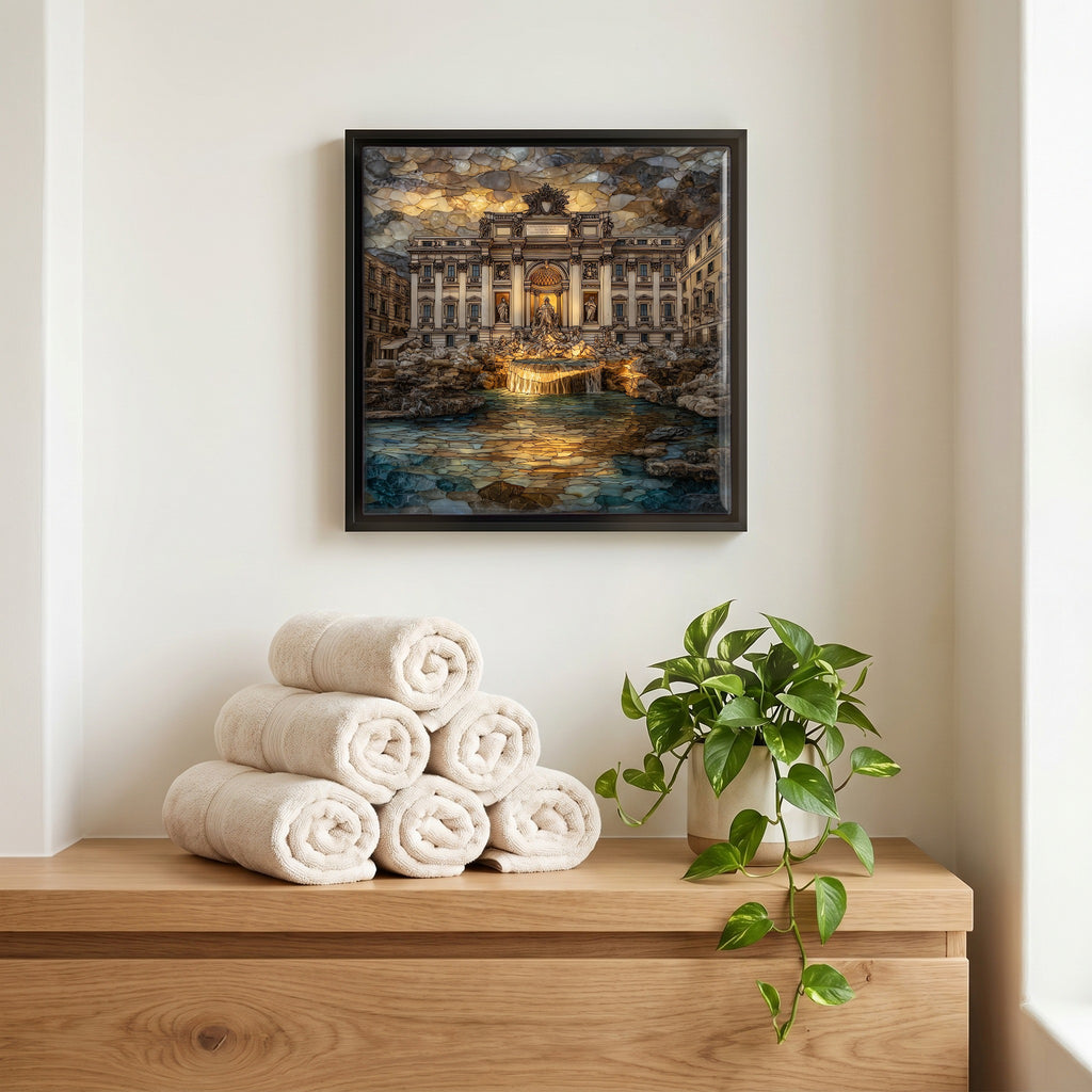 Above the linens, in a slim black surround.