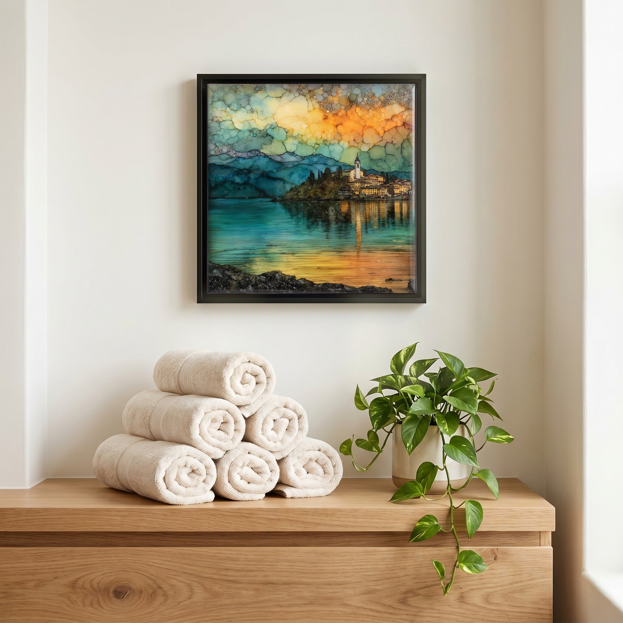 Above the linens, in a slim black surround.