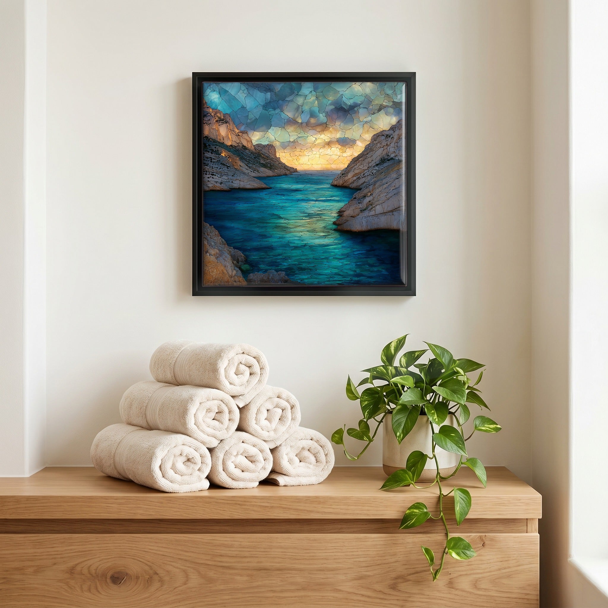Above the linens, in a slim black surround.