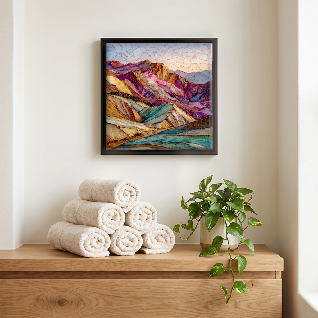Above the linens, in a slim black surround.