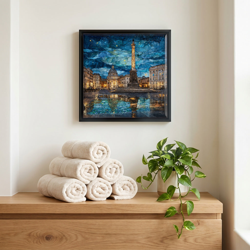 Above the linens, in a slim black surround.