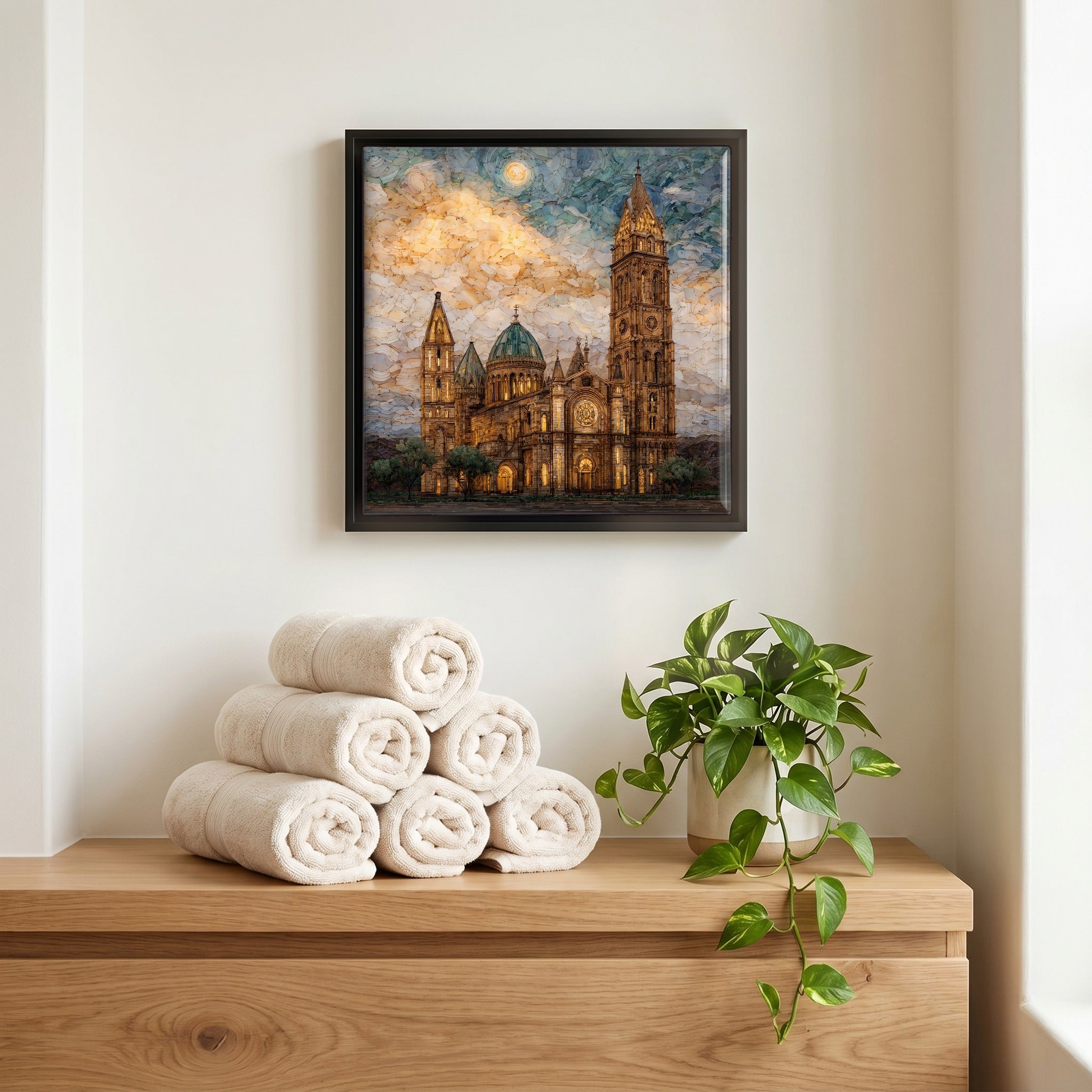 Above the linens, in a slim black surround.
