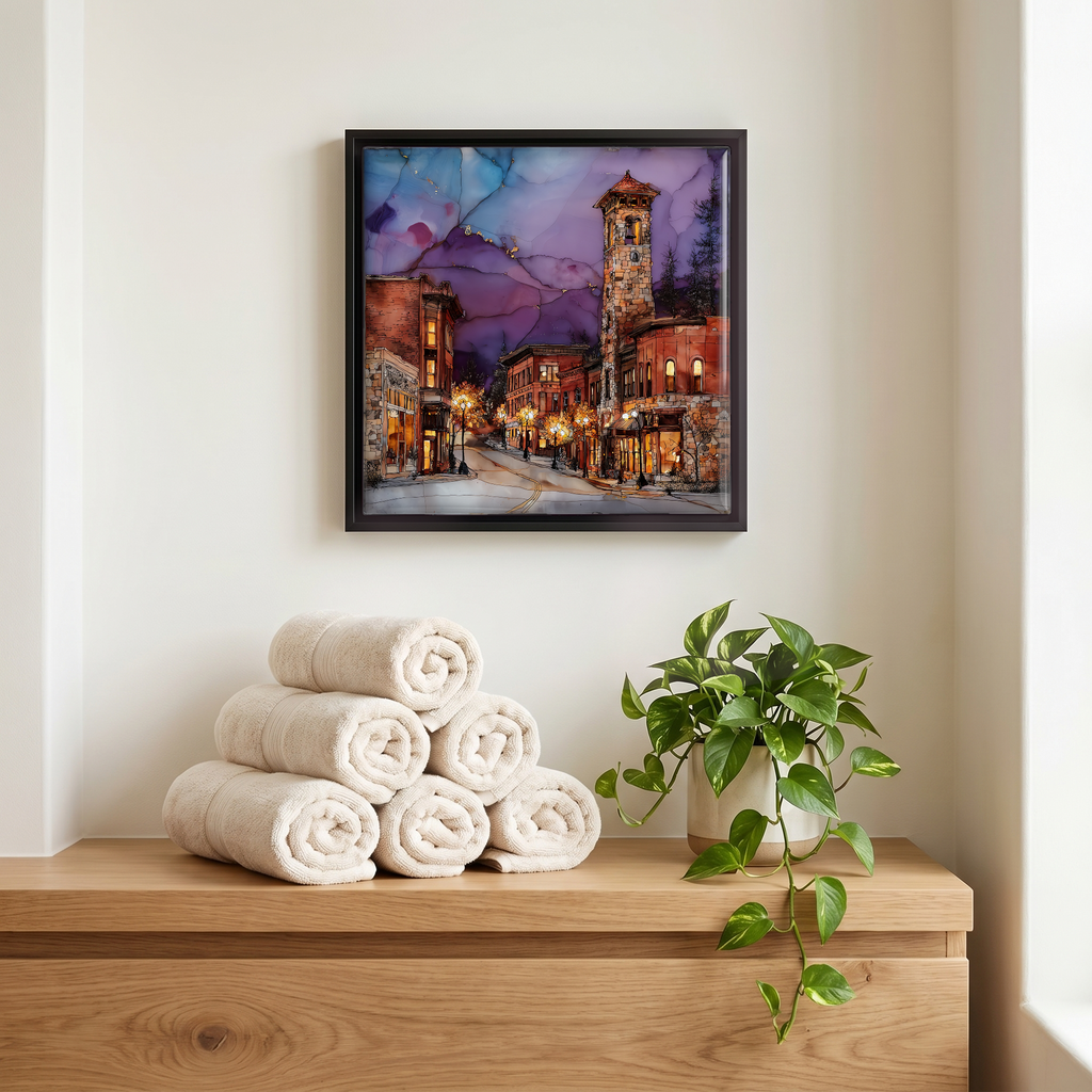 Above the linens, in a slim black surround.