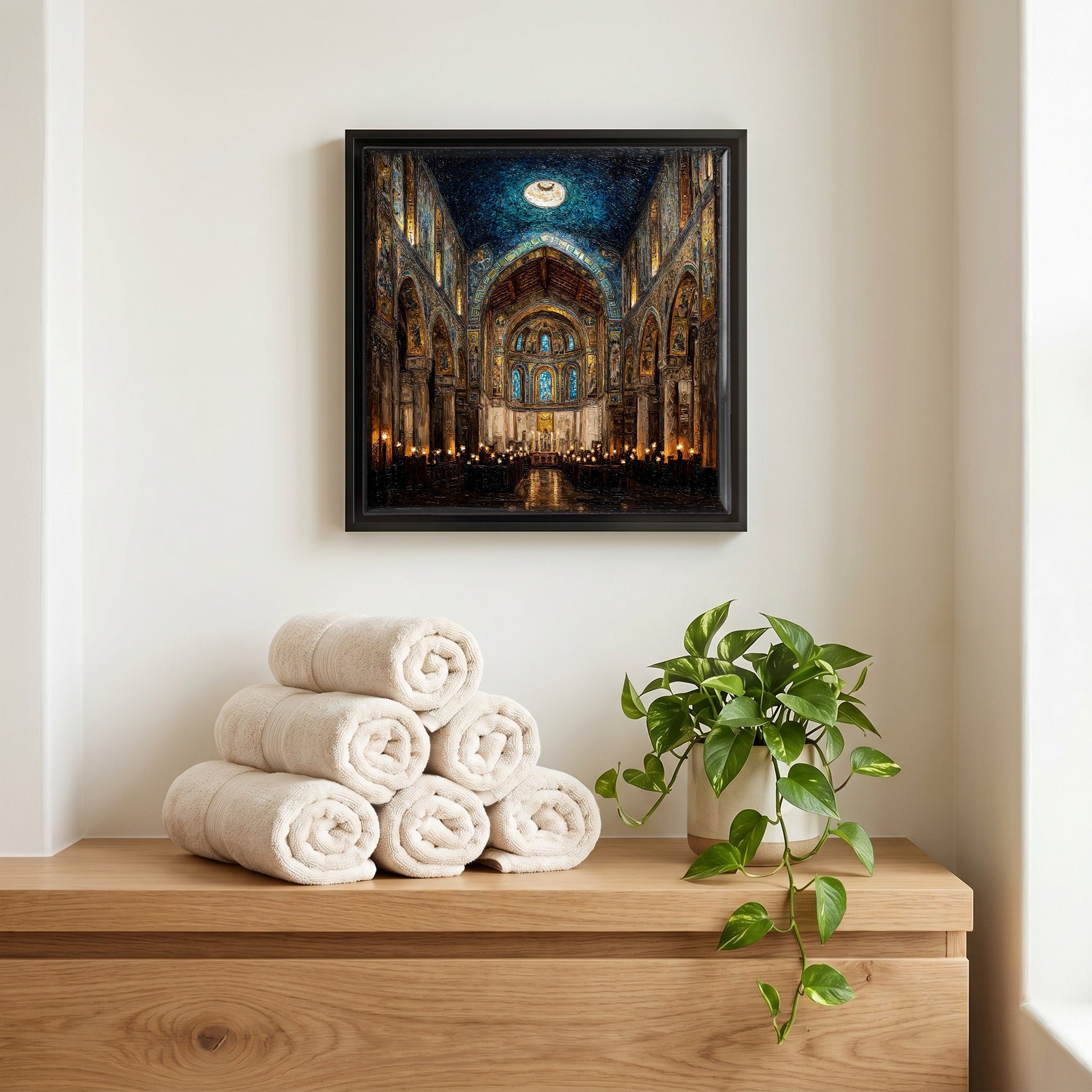 Above the linens, in a slim black surround.
