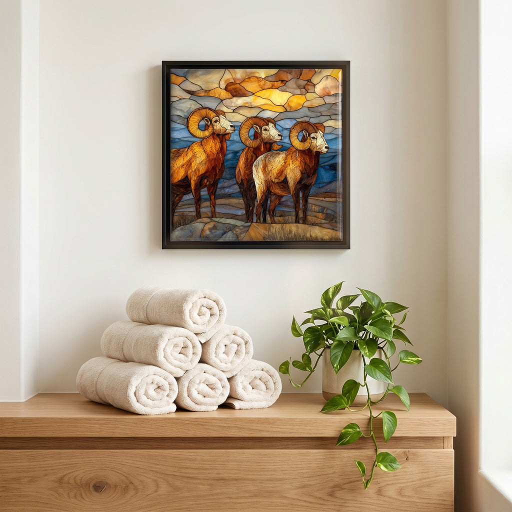 Above the linens, in a slim black surround.