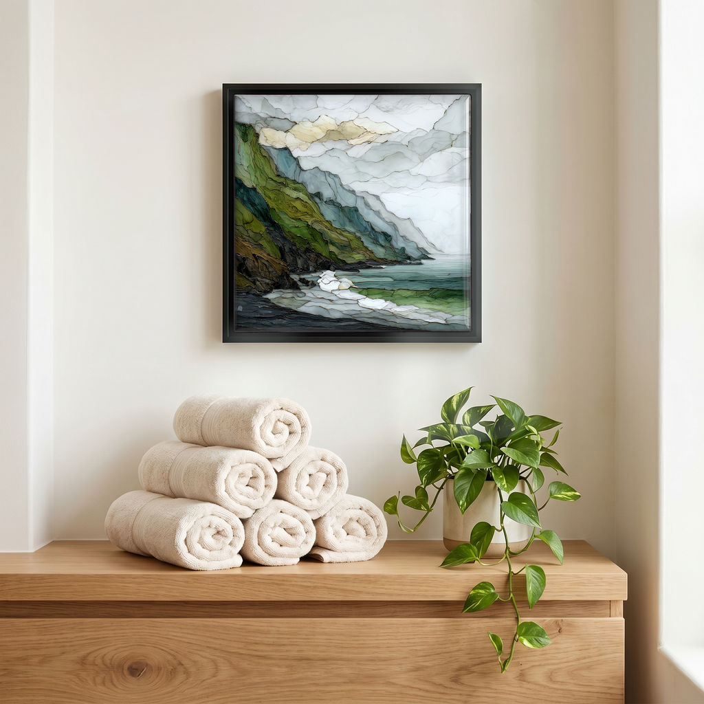 Above the linens, in a slim black surround.