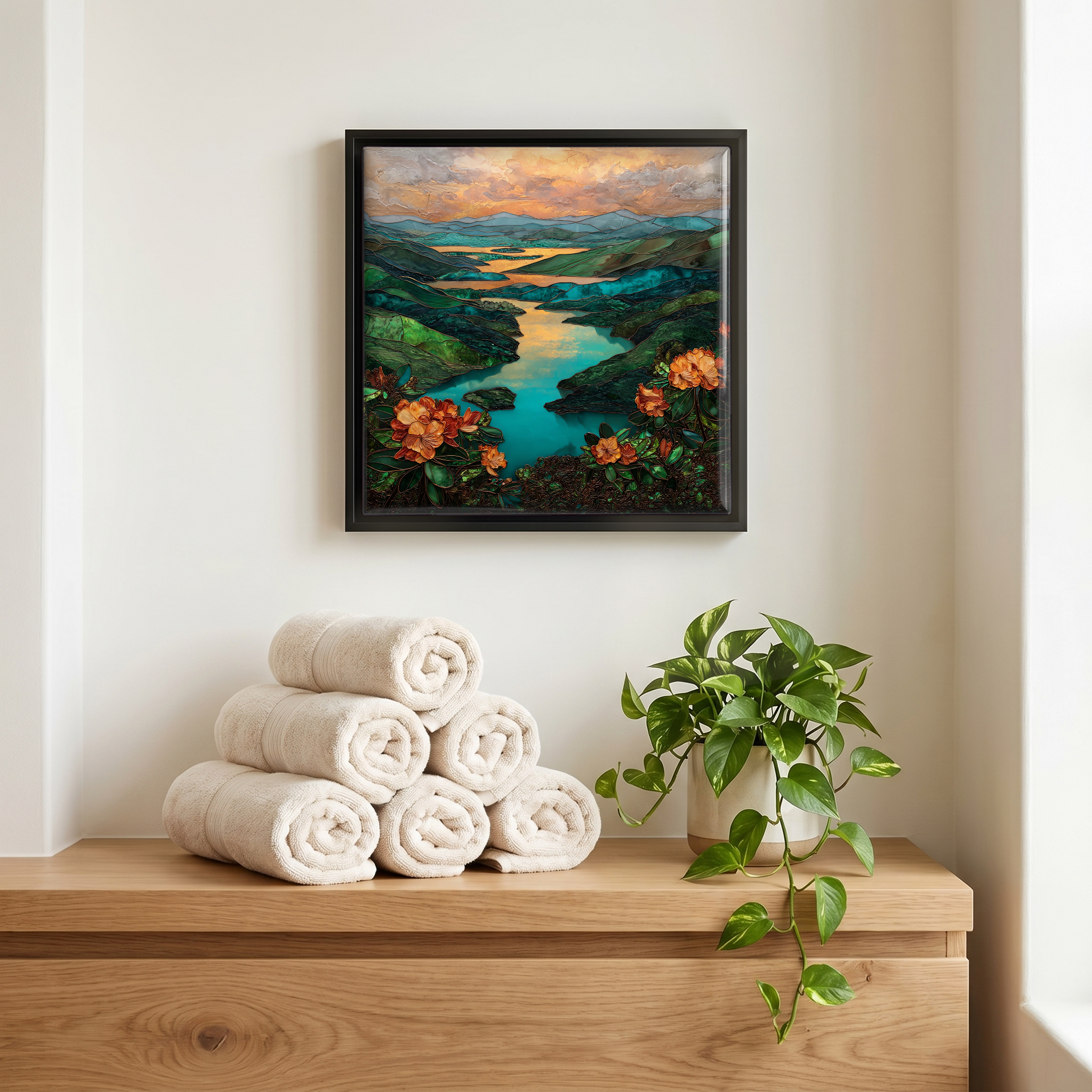 Above the linens, in a slim black surround.