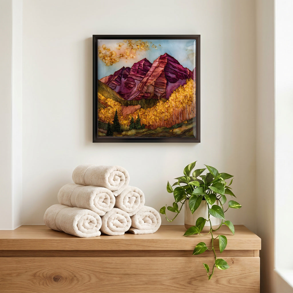 Above the linens, in a slim black surround.