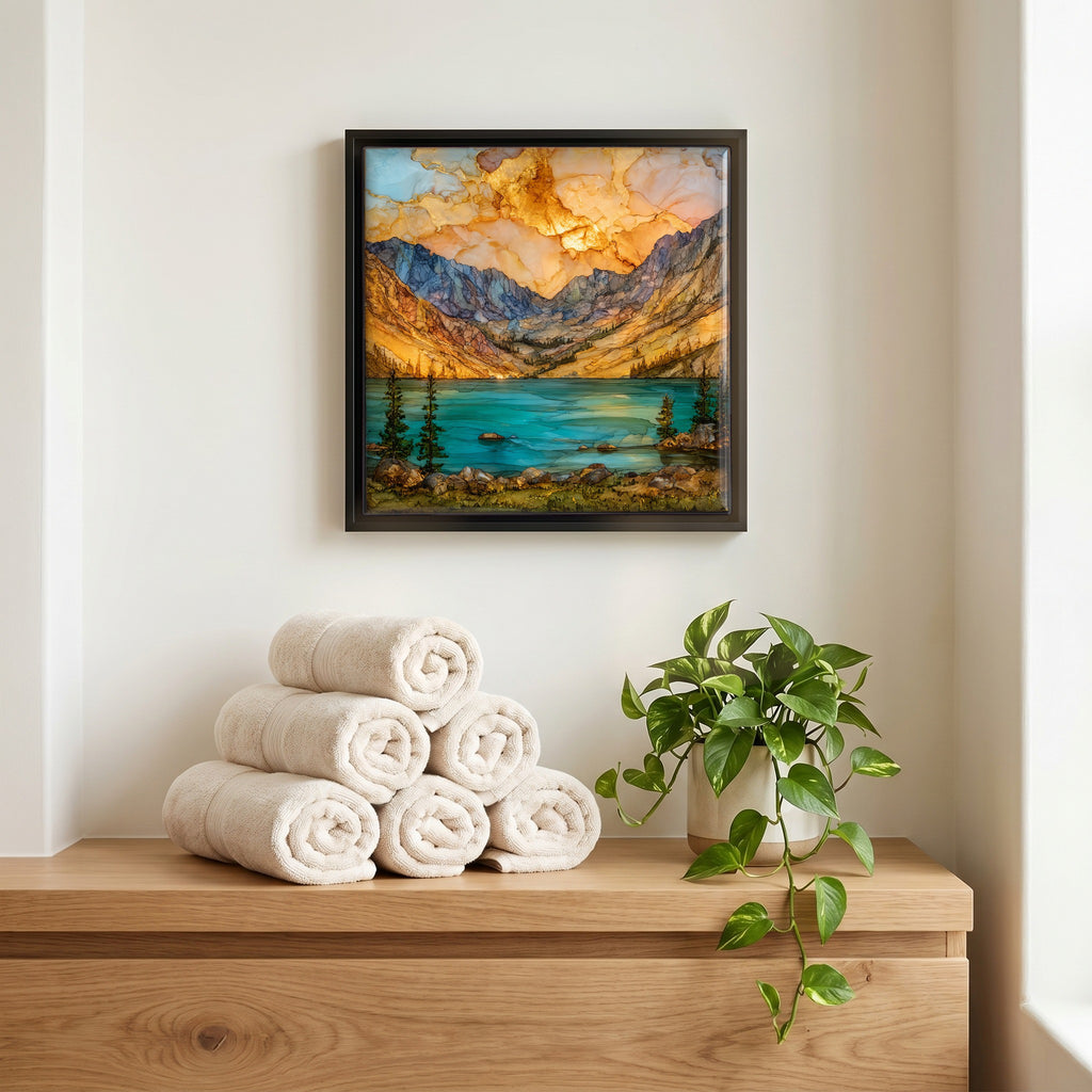 Above the linens, in a slim black surround.