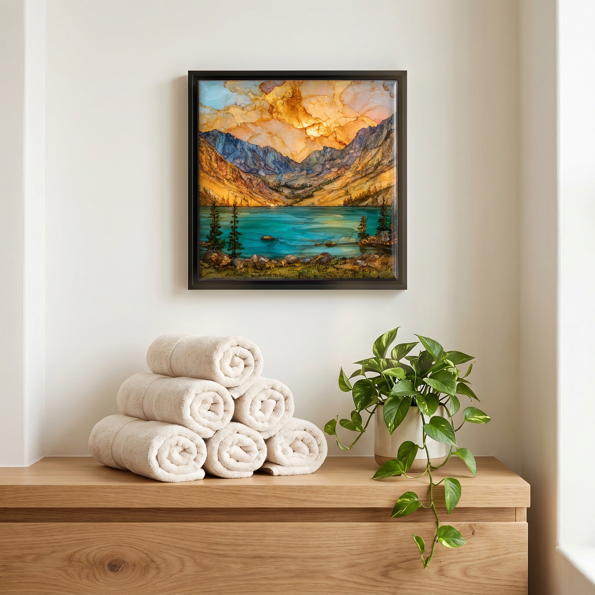 Above the linens, in a slim black surround.