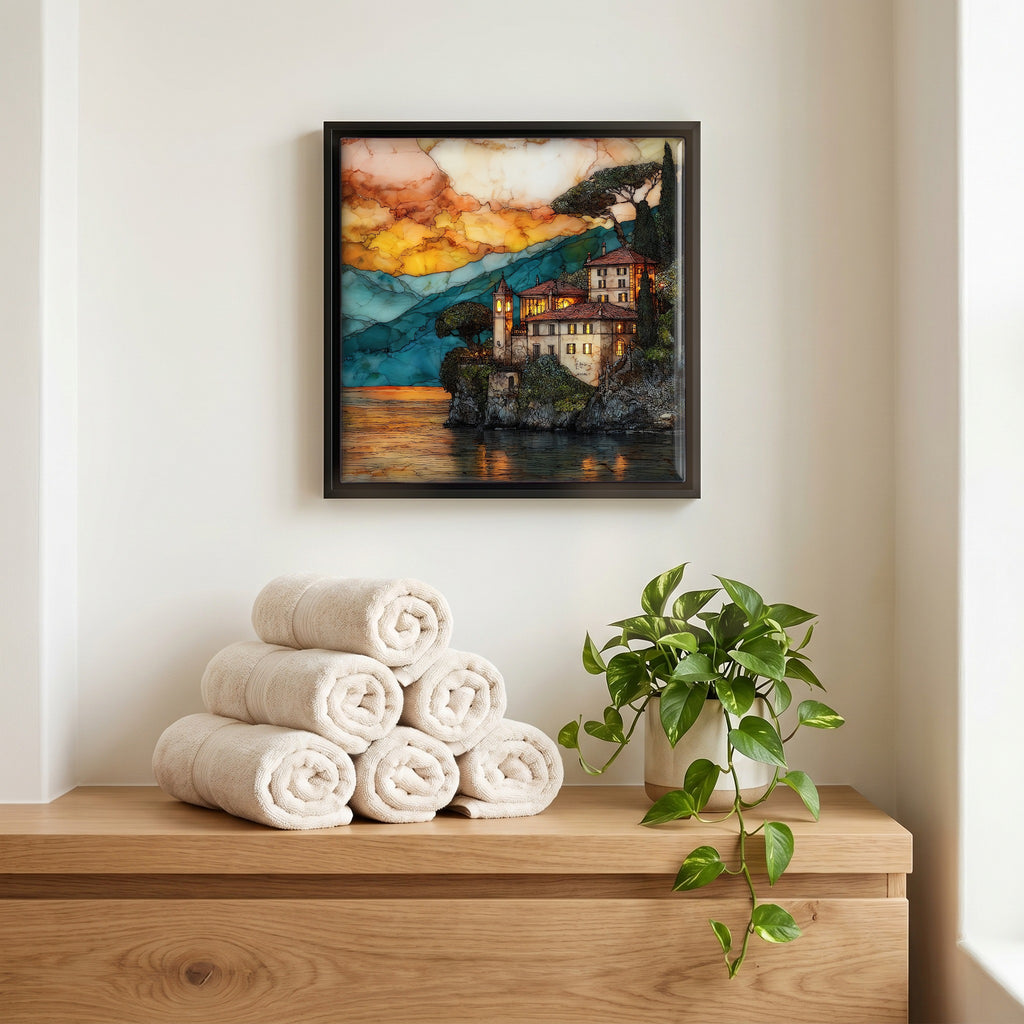 Above the linens, in a slim black surround.