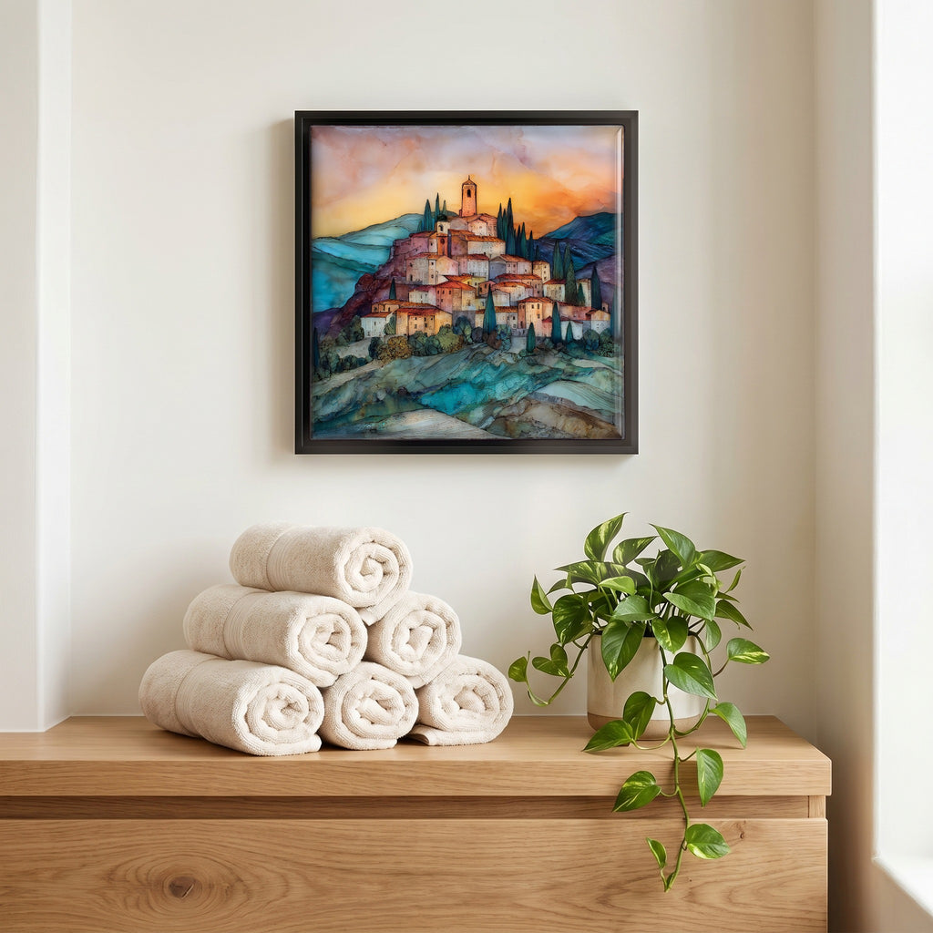 Above the linens, in a slim black surround.