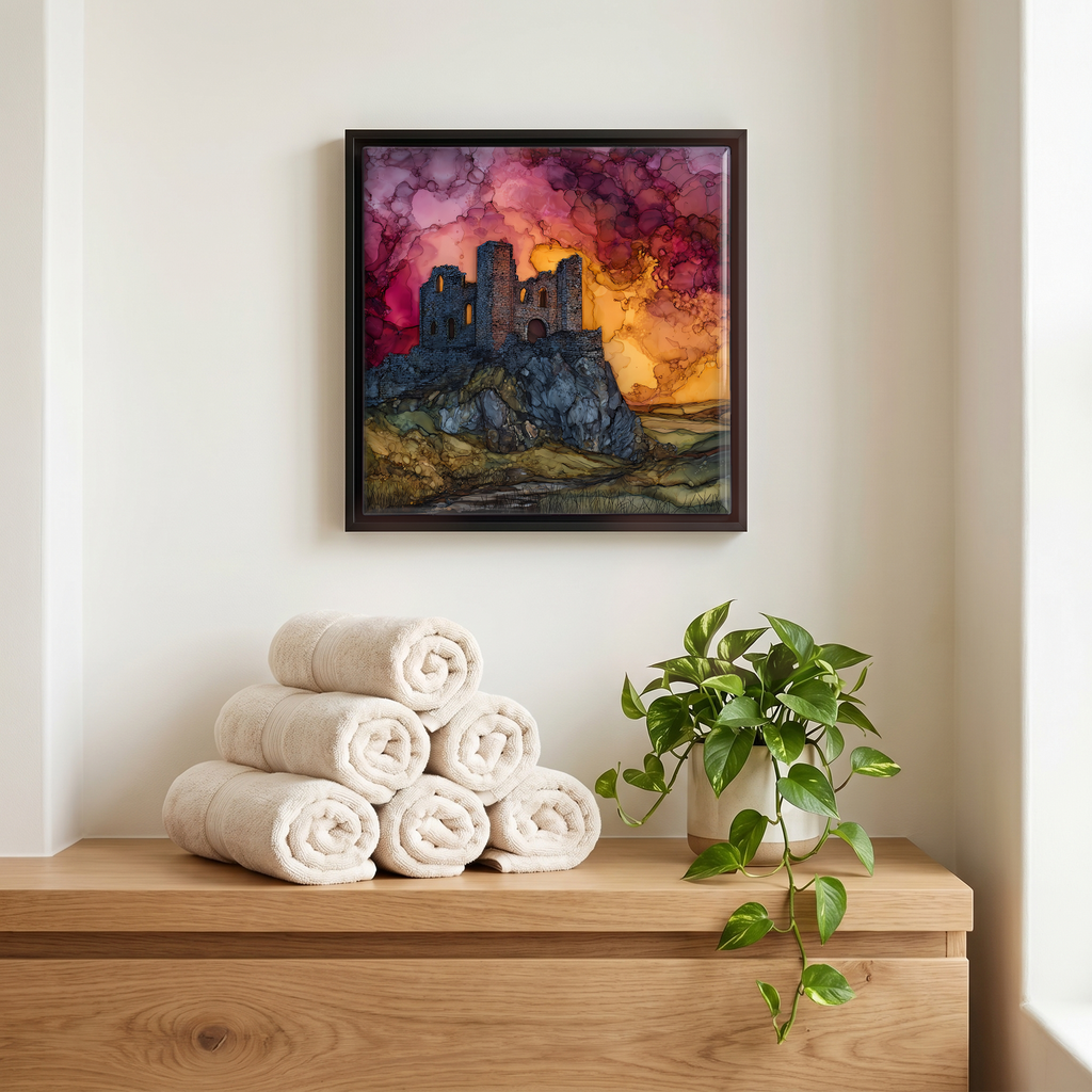 Above the linens, in a slim black surround.