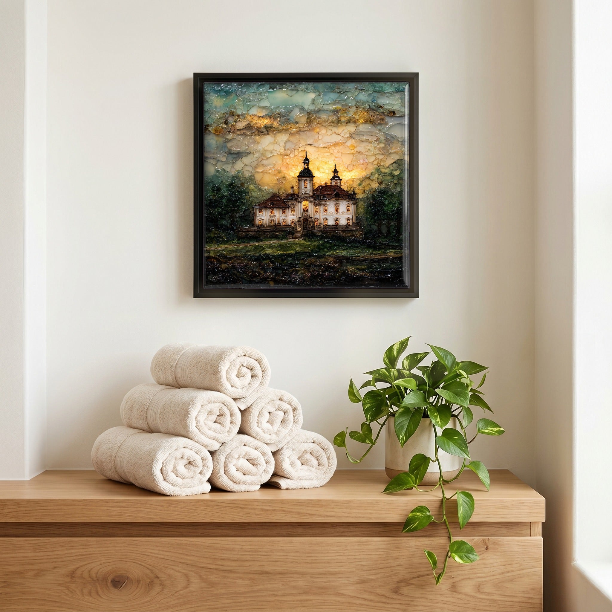 Above the linens, in a slim black surround.