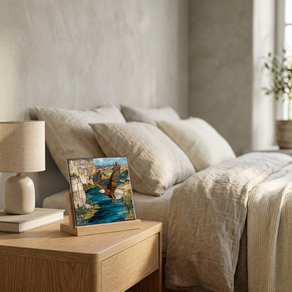 On the nightstand, catching the morning.