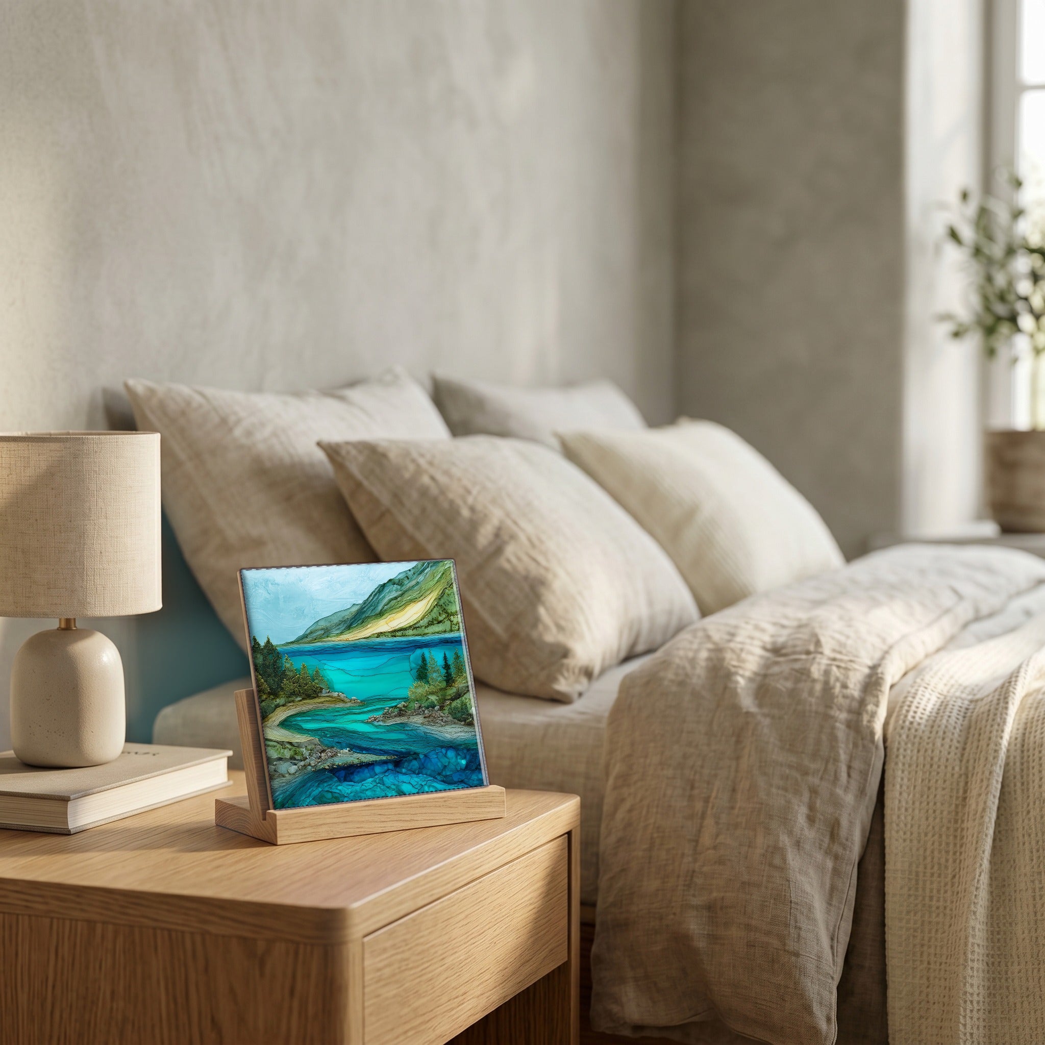 On the nightstand, catching the morning.