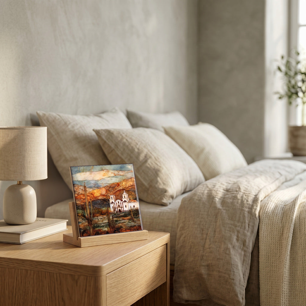 On the nightstand, catching the morning.