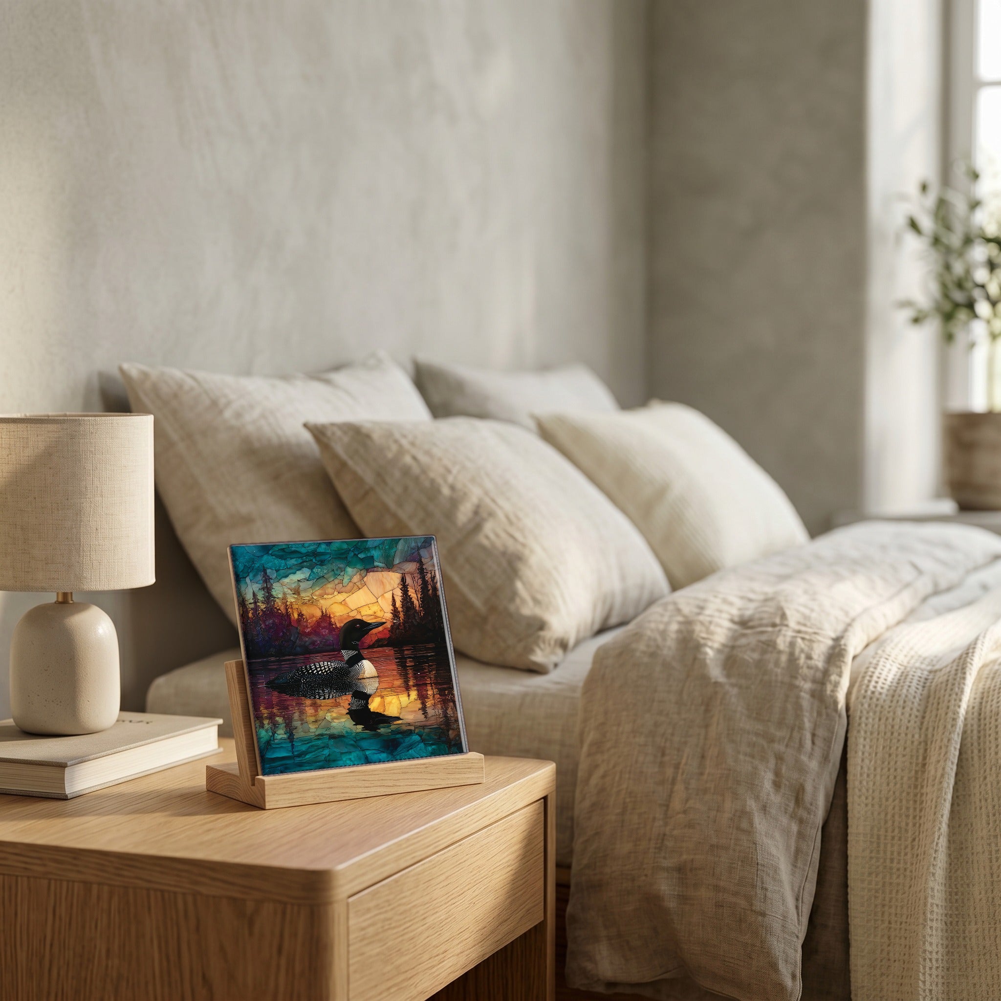 On the nightstand, catching the morning.