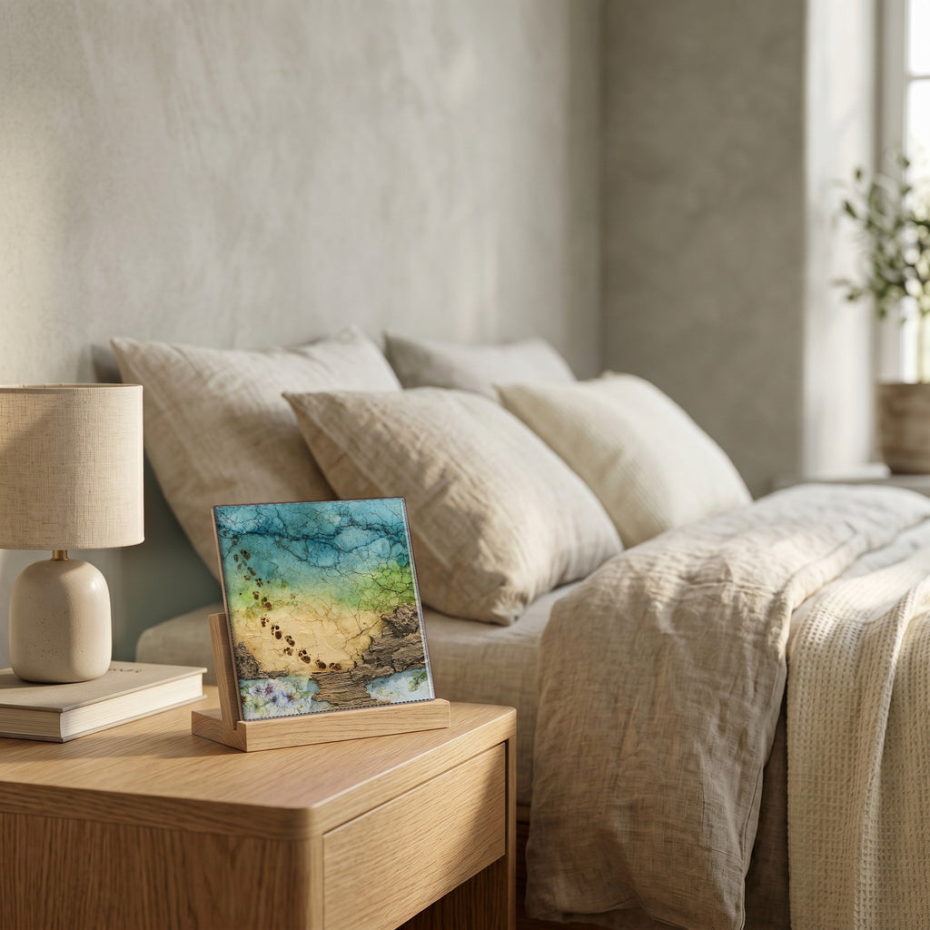 On the nightstand, catching the morning.