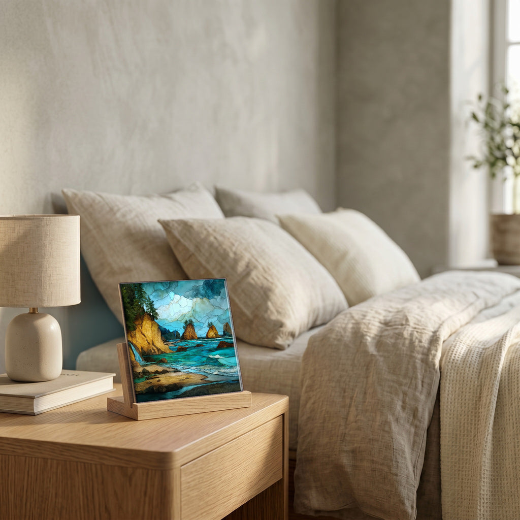 On the nightstand, catching the morning.