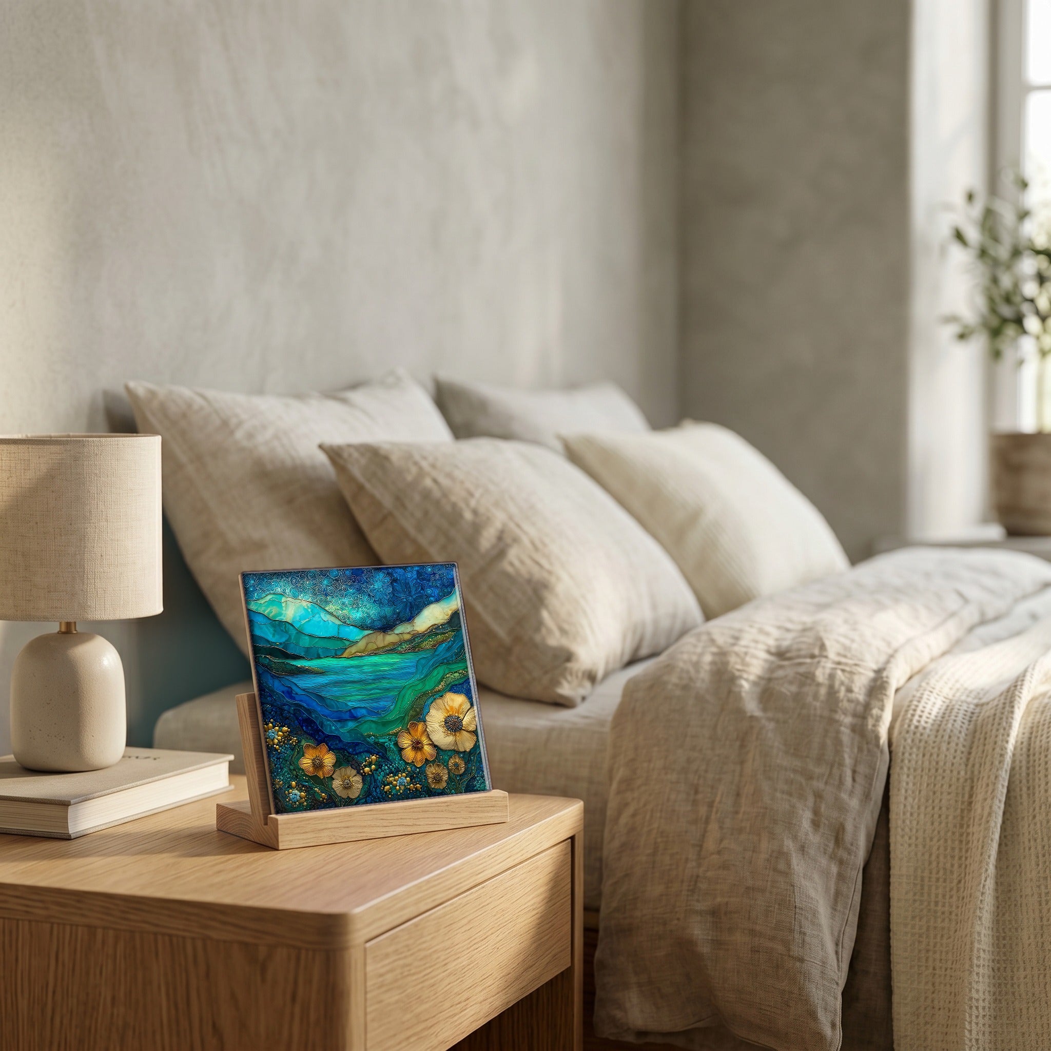 On the nightstand, catching the morning.
