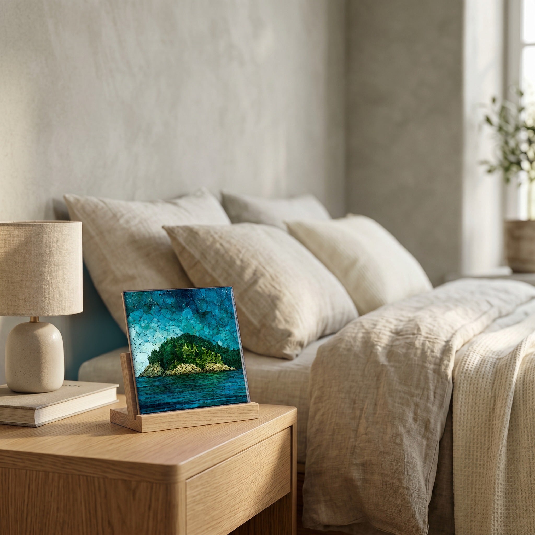 On the nightstand, catching the morning.