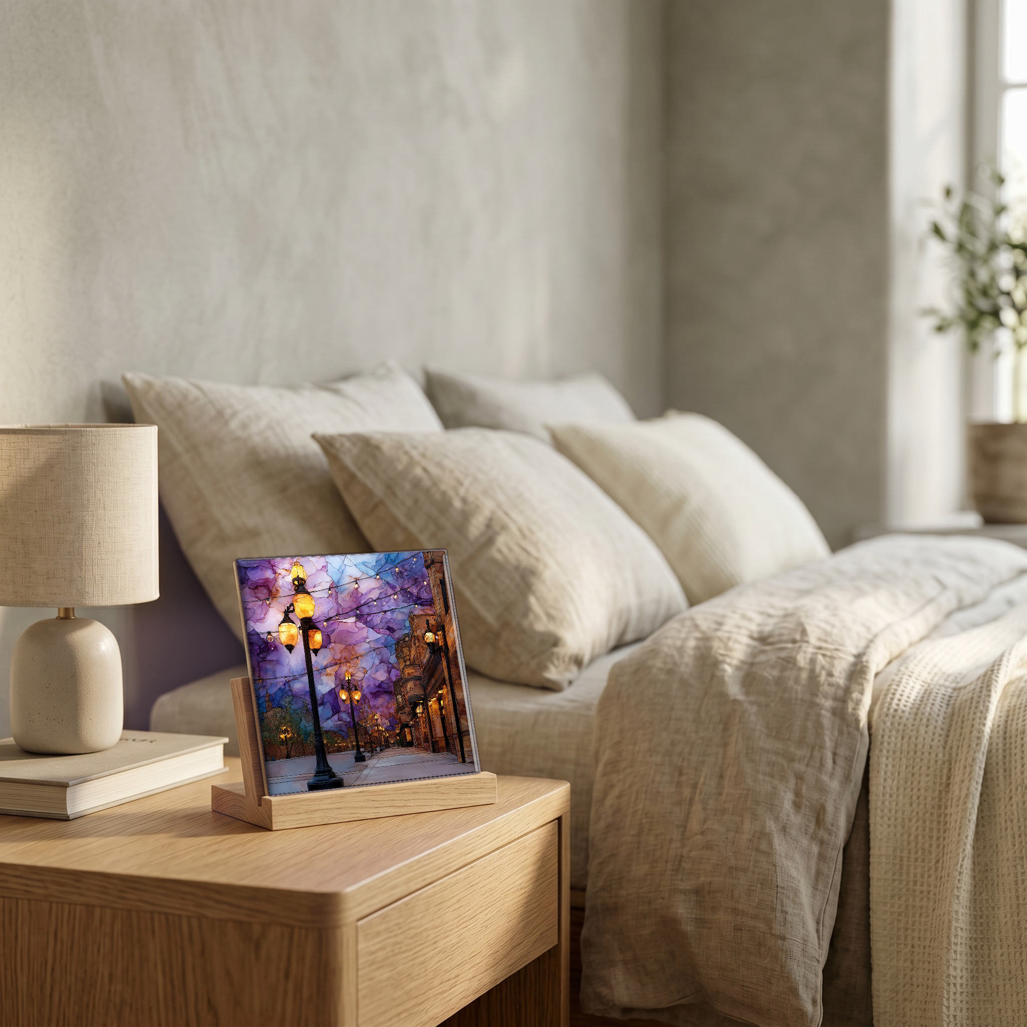 On the nightstand, on a light oak stand.