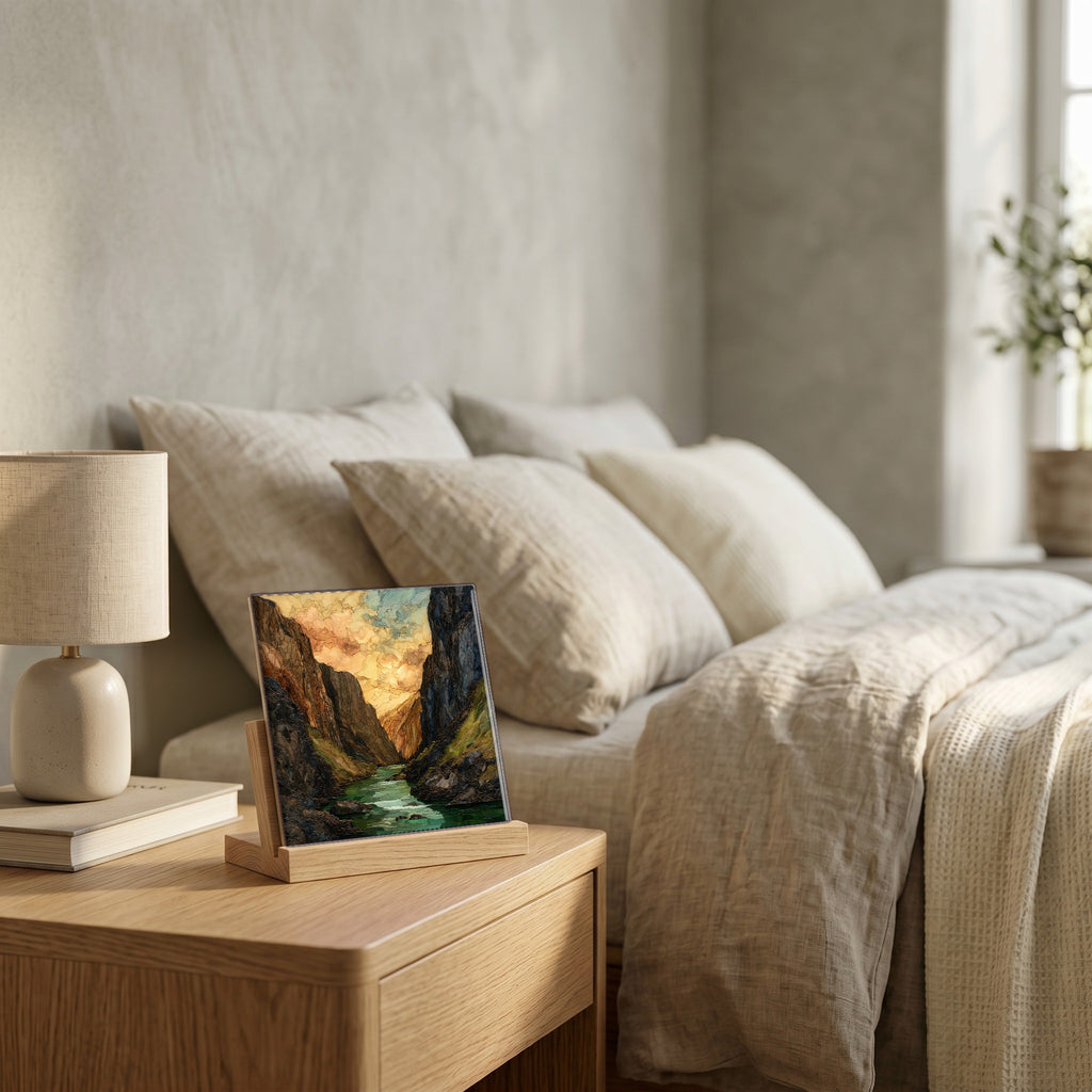 On the nightstand, on a light oak stand.