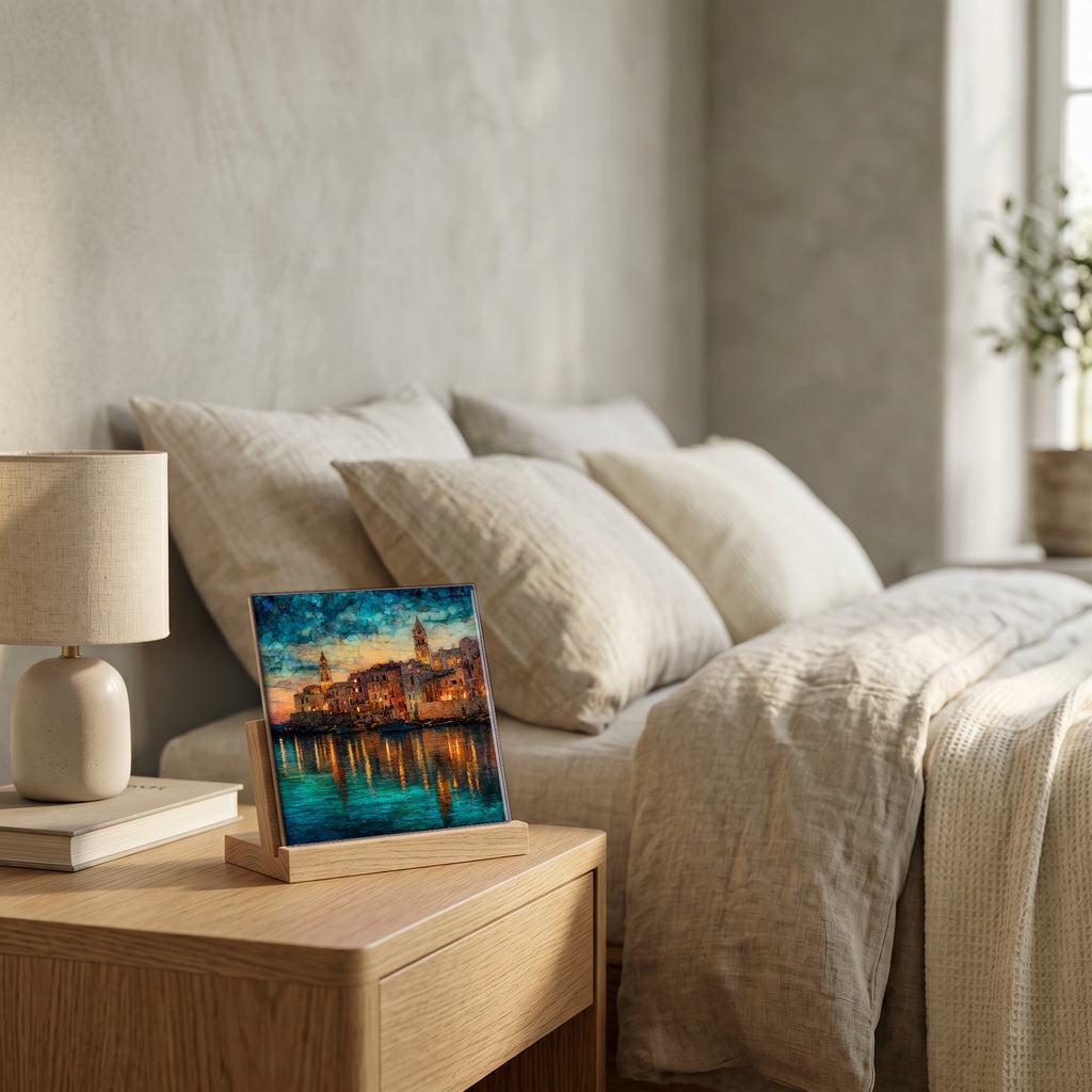 On the nightstand, on a light oak stand.