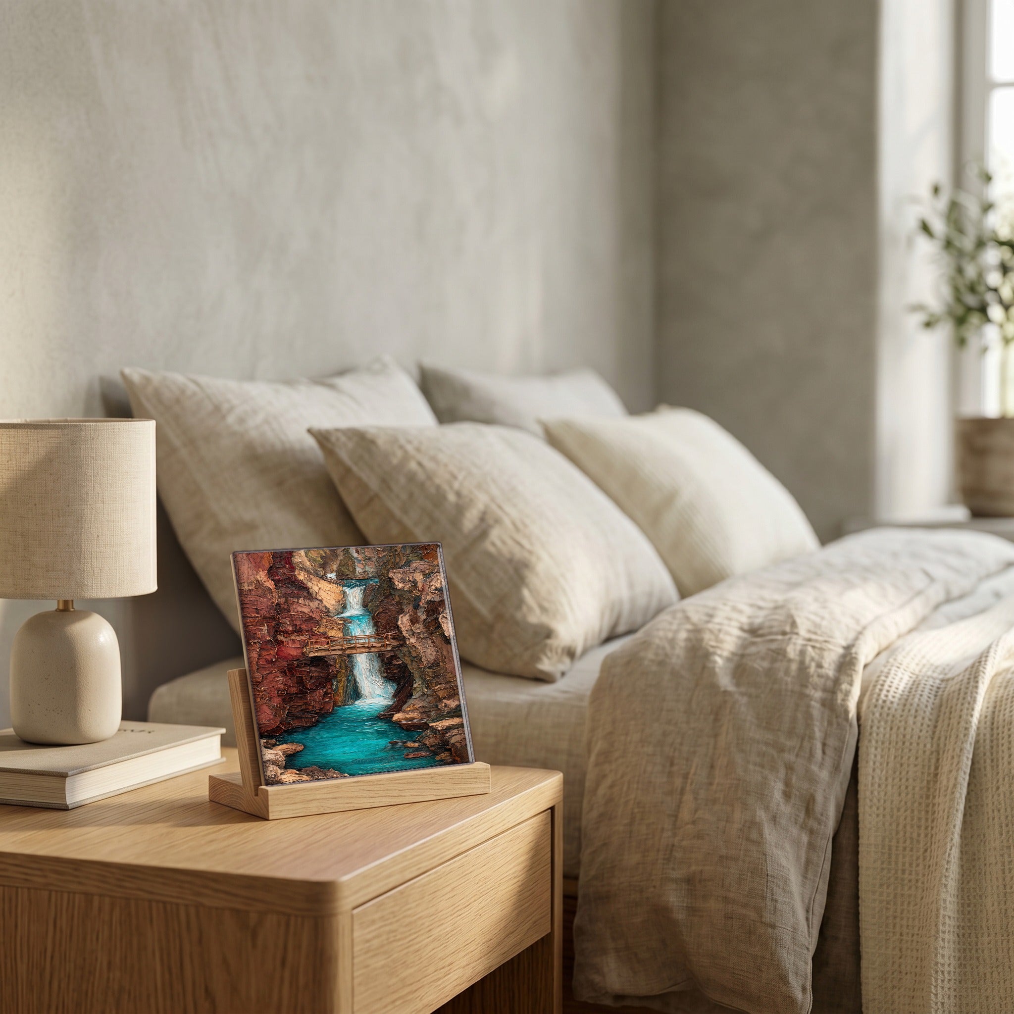 On the nightstand, catching the morning.
