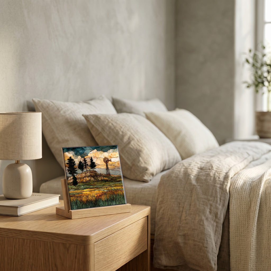 On the nightstand, catching the morning.