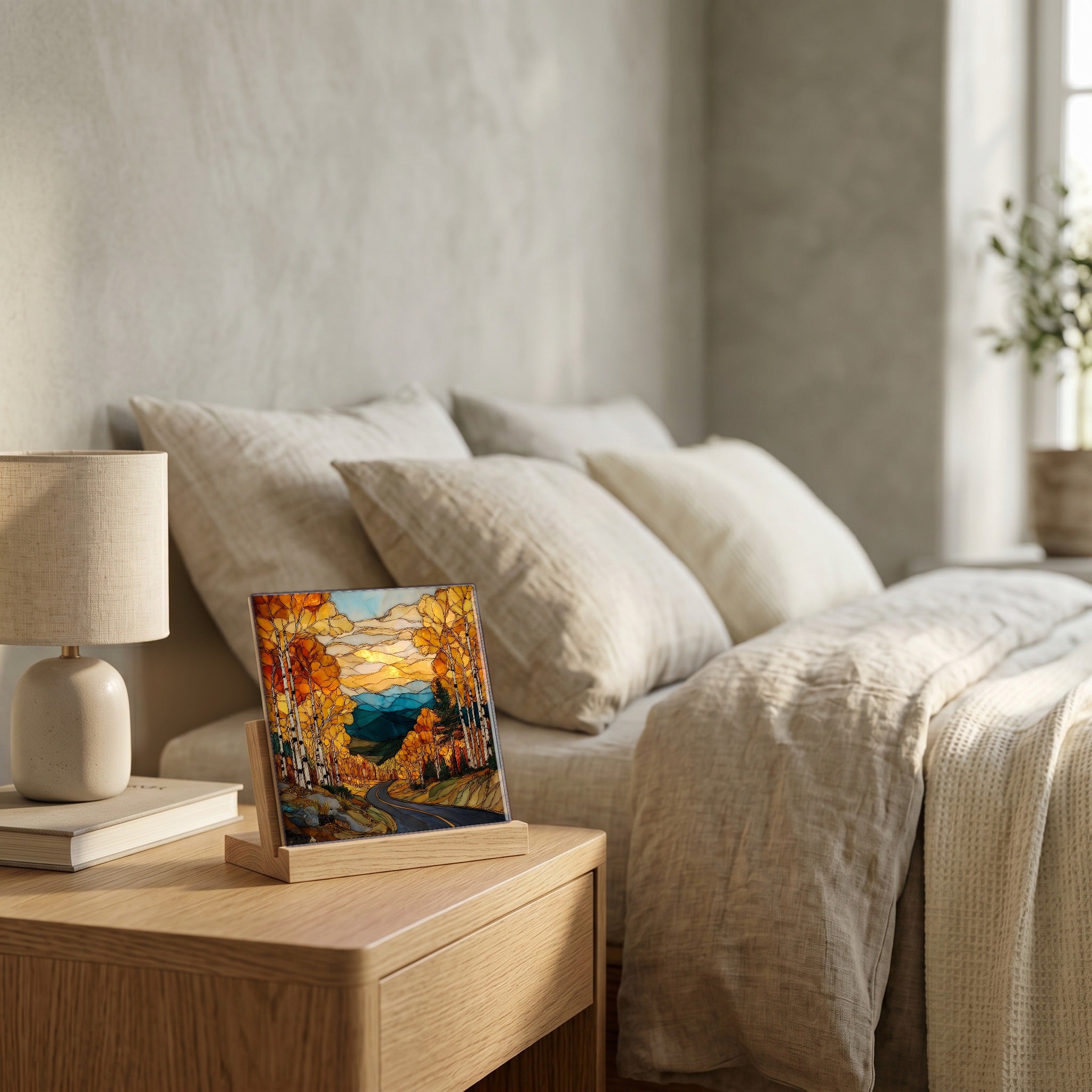 On the nightstand, catching the morning.