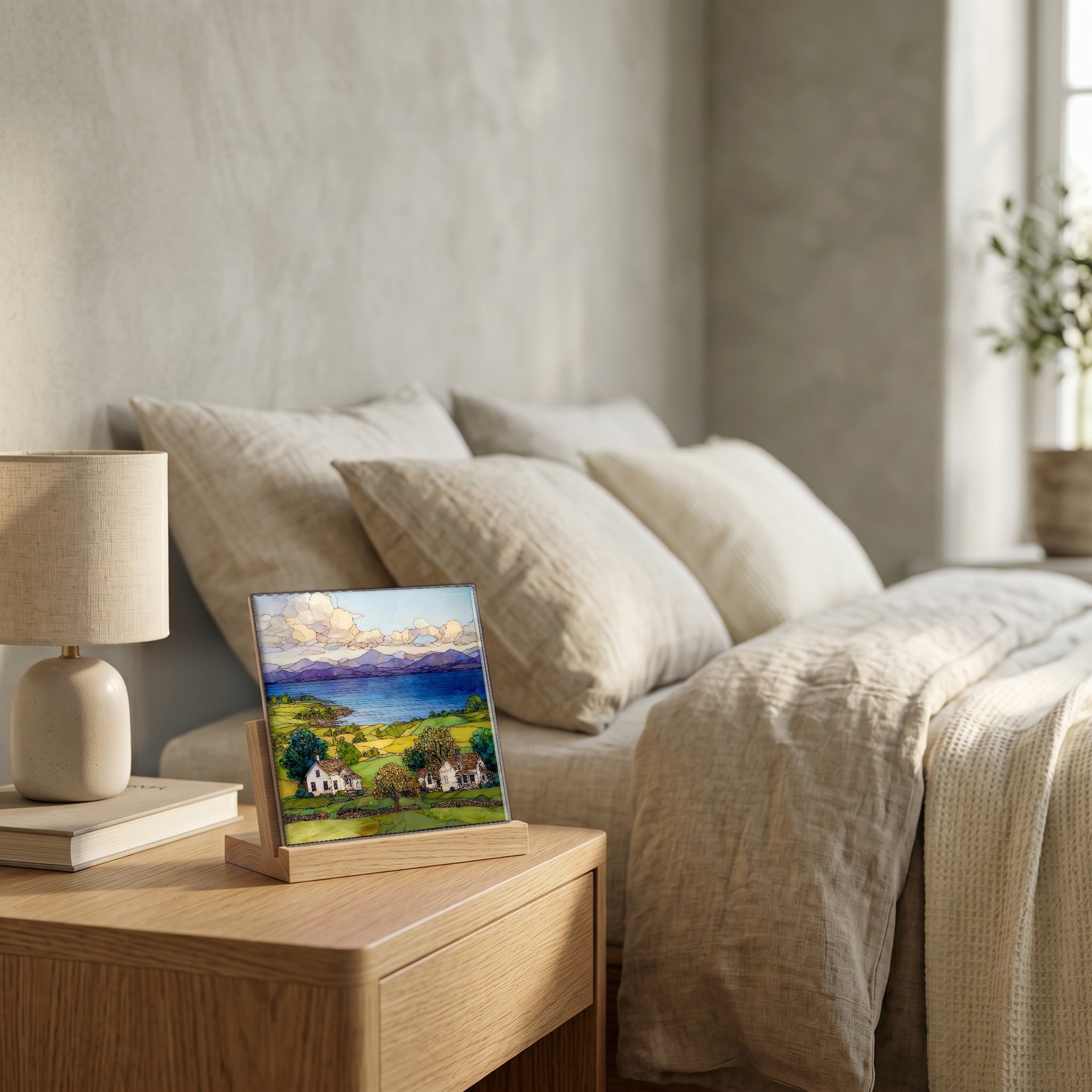 On the nightstand, catching the morning.