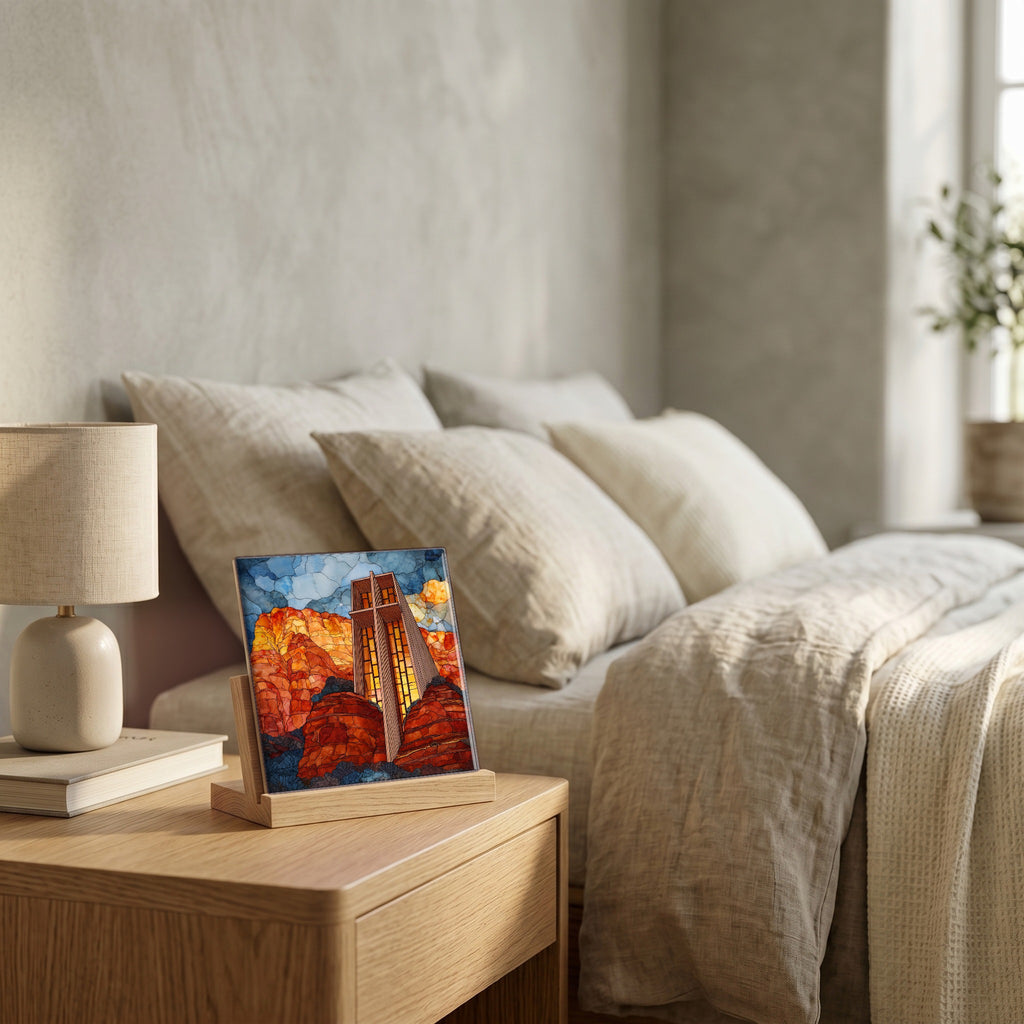 On the nightstand, catching the morning.
