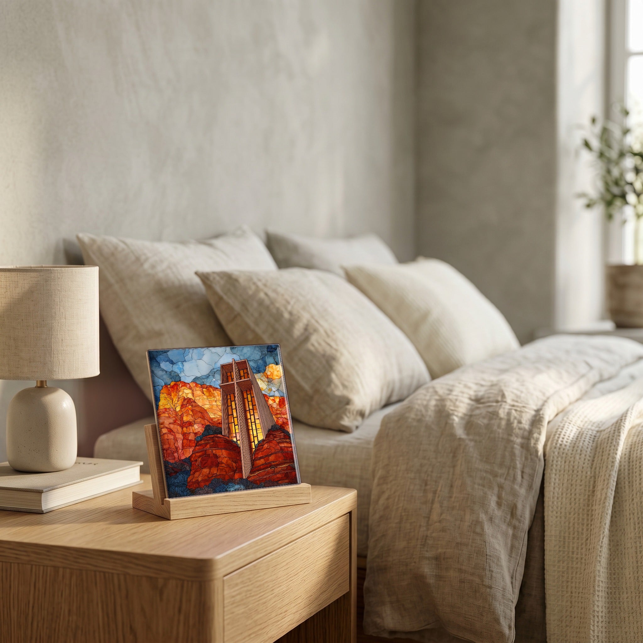 On the nightstand, catching the morning.