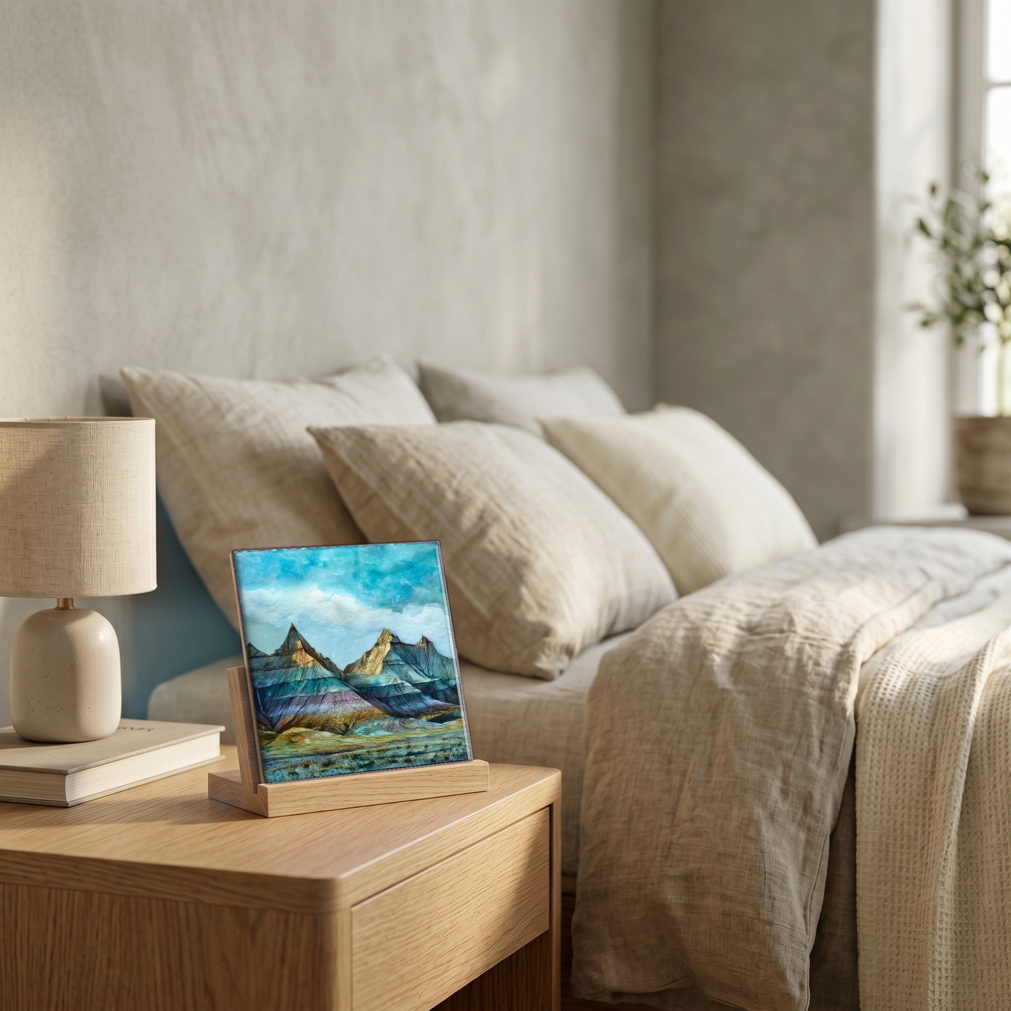 On the nightstand, catching the morning.