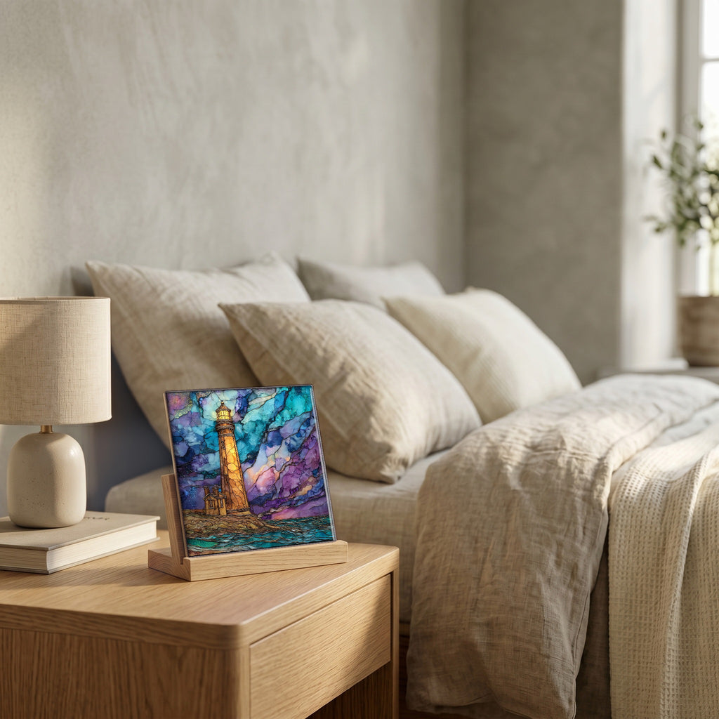 On the nightstand, catching the morning.