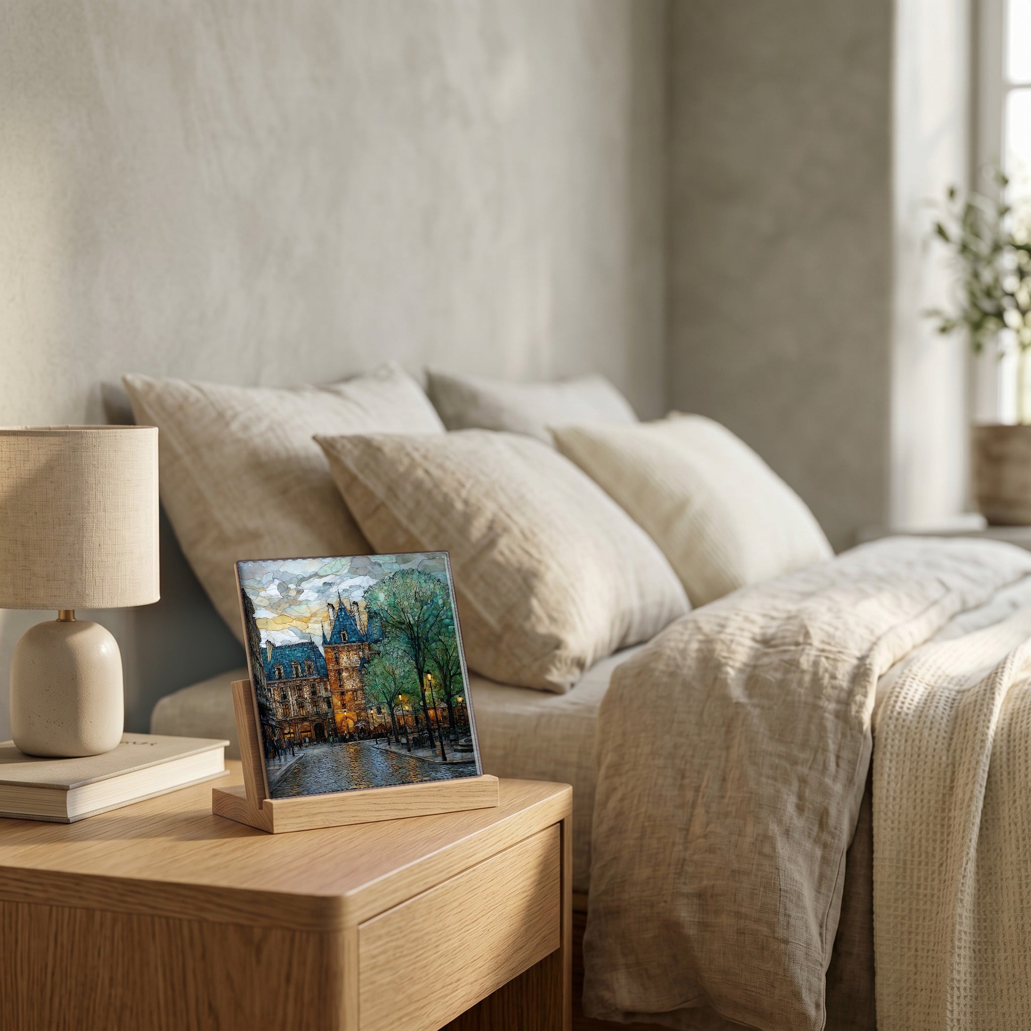 On the nightstand, on a light oak stand.