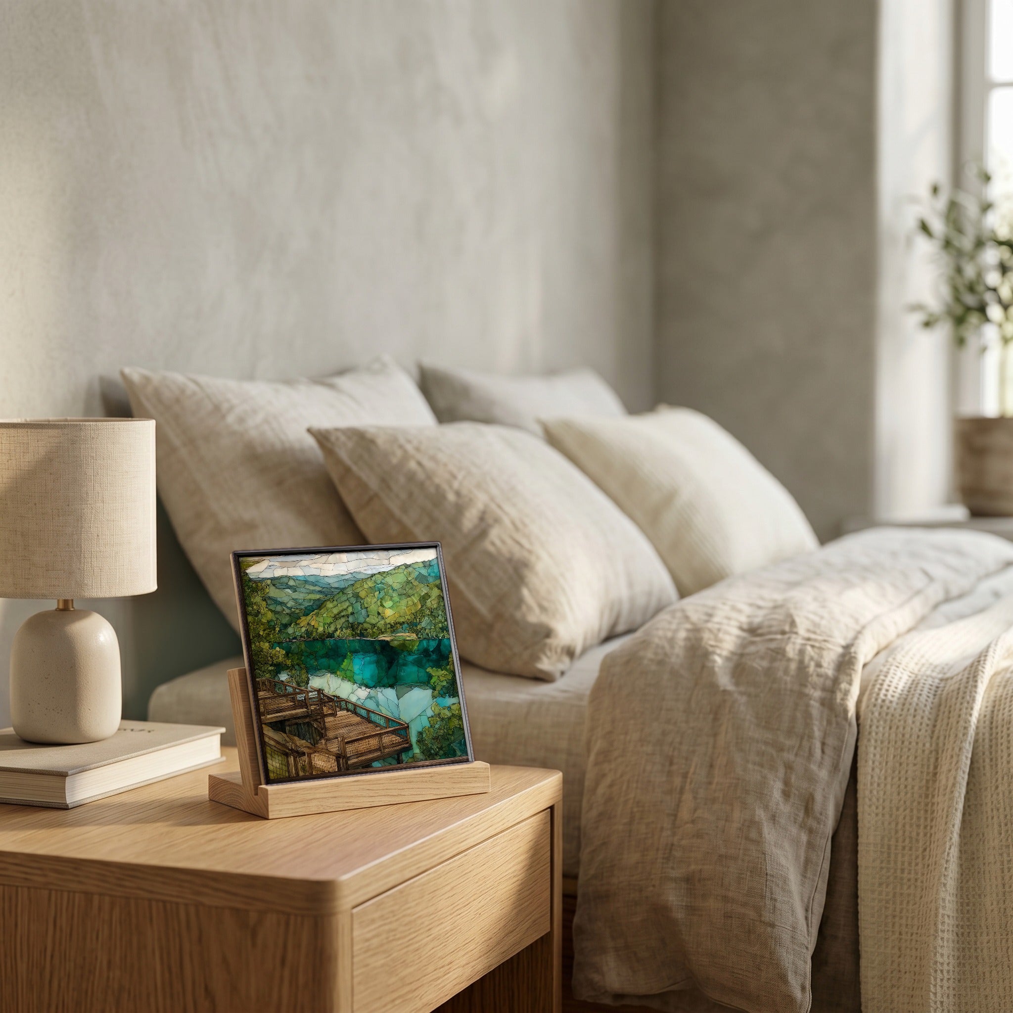 On the nightstand, catching the morning.