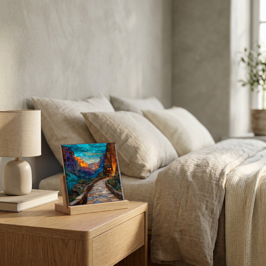 On the nightstand, catching the morning.