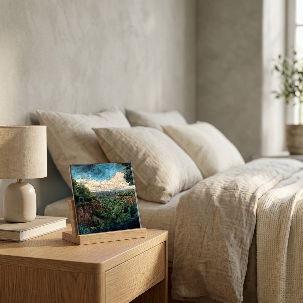 On the nightstand, catching the morning.