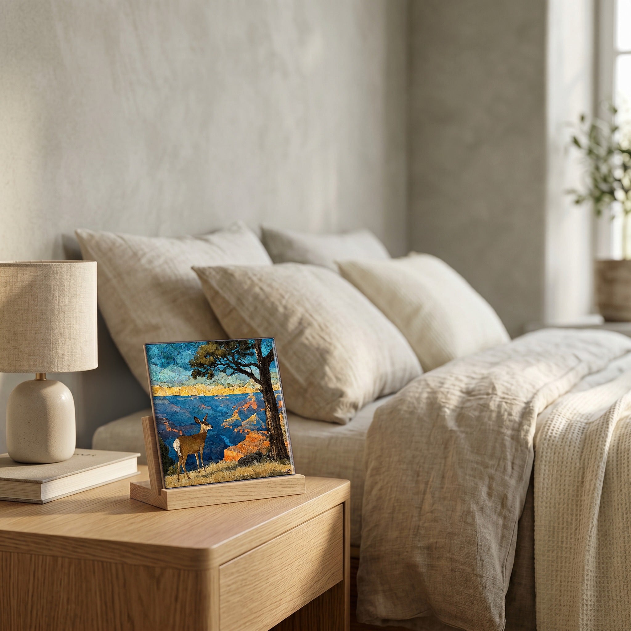 On the nightstand, catching the morning.