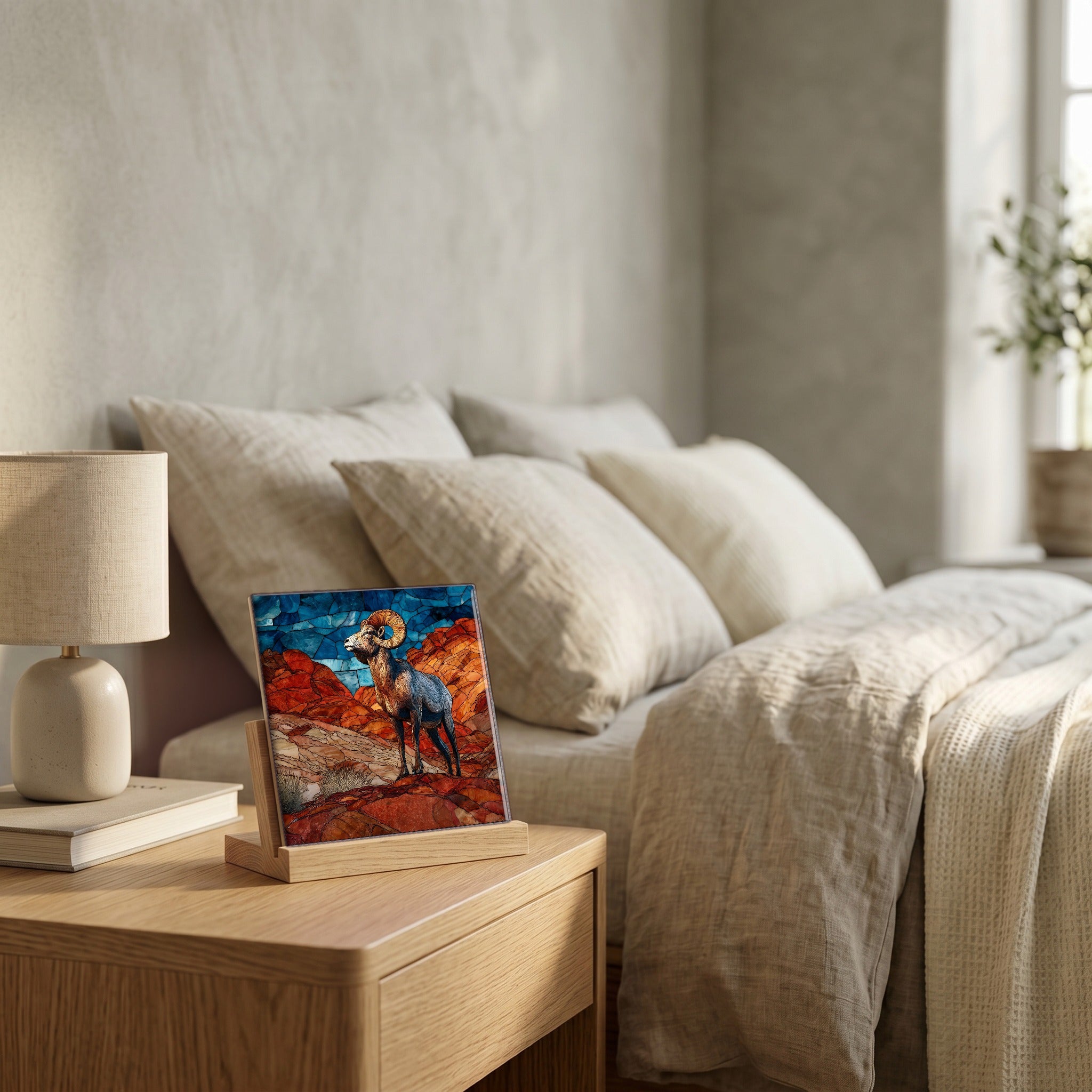 On the nightstand, catching the morning.
